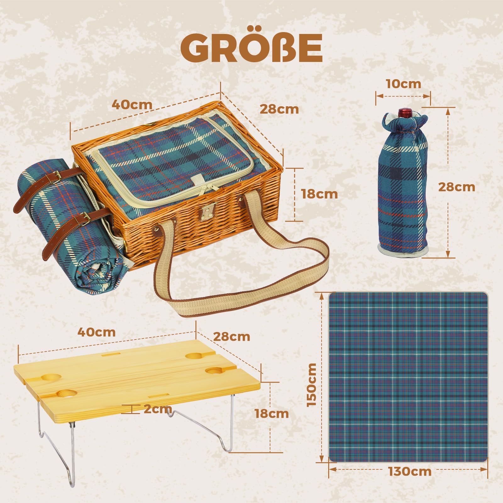 Set de cesta de picnic con mesa plegable y juego de cubiertos, cesta de picnic para 4 personas con bolsas de hielo, cesta de mimbre con asa, cesta de mimbre set de regalo para picnic, camping