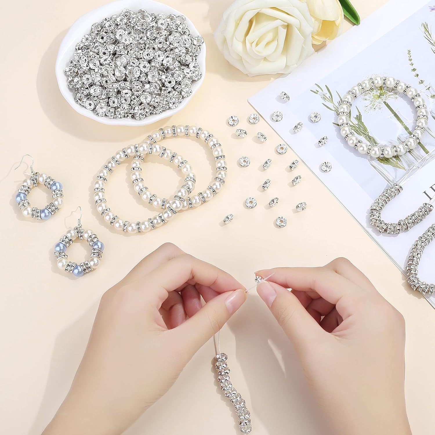 QINJIEJIE 200PCS Rondelle Spacer Beads for Jewelry Making, Silver Rhinestone, 8mm Sparkle Crystal Loose Bead for Necklace, Bracelet, Earring