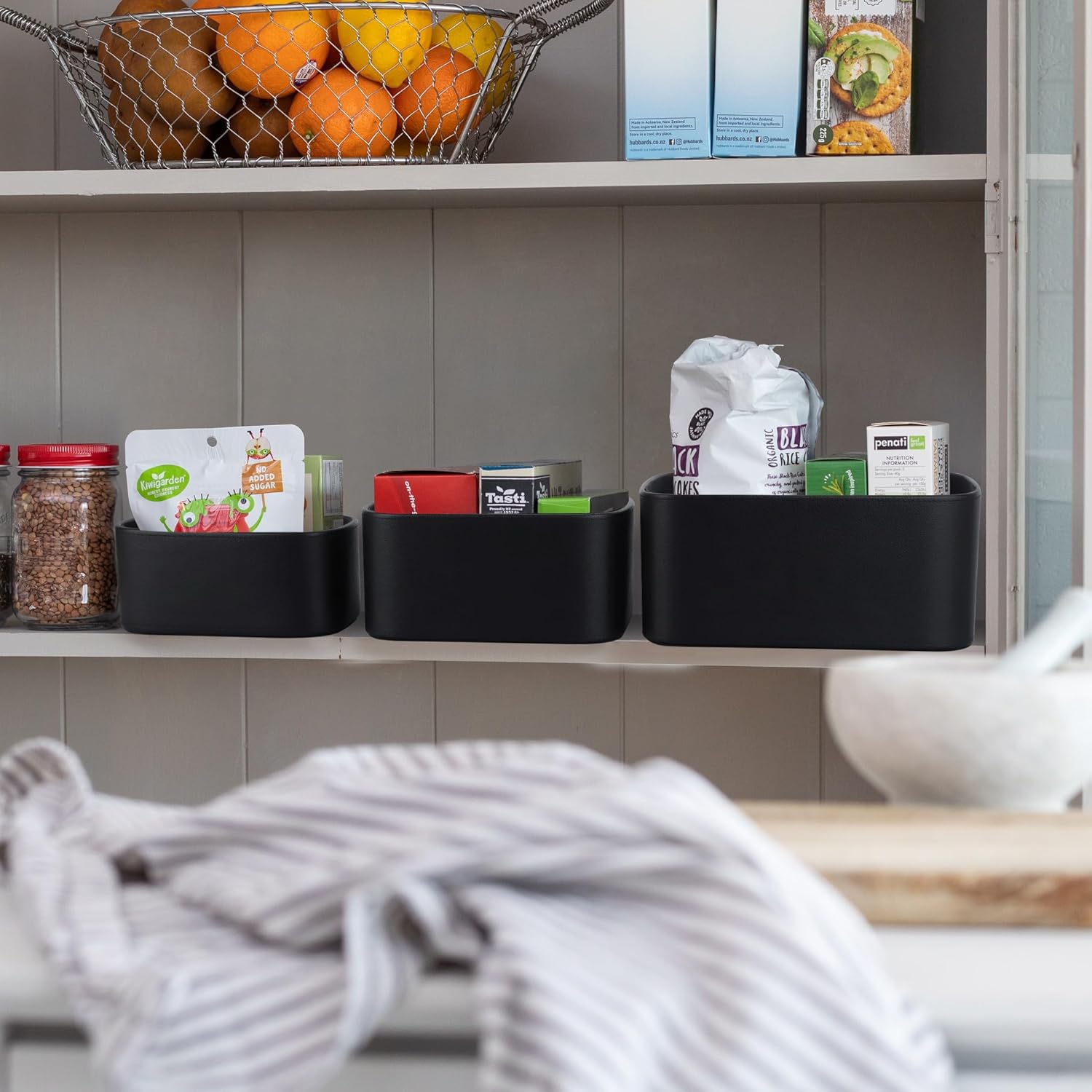 HofferRuffer Faux Leather Storage Baskets Bins with Velvet Lining for Organizing, Storage, Gifts, Set of 3 Nesting Shelf Baskets Decorative Storage Boxes for Home Organization (Black)