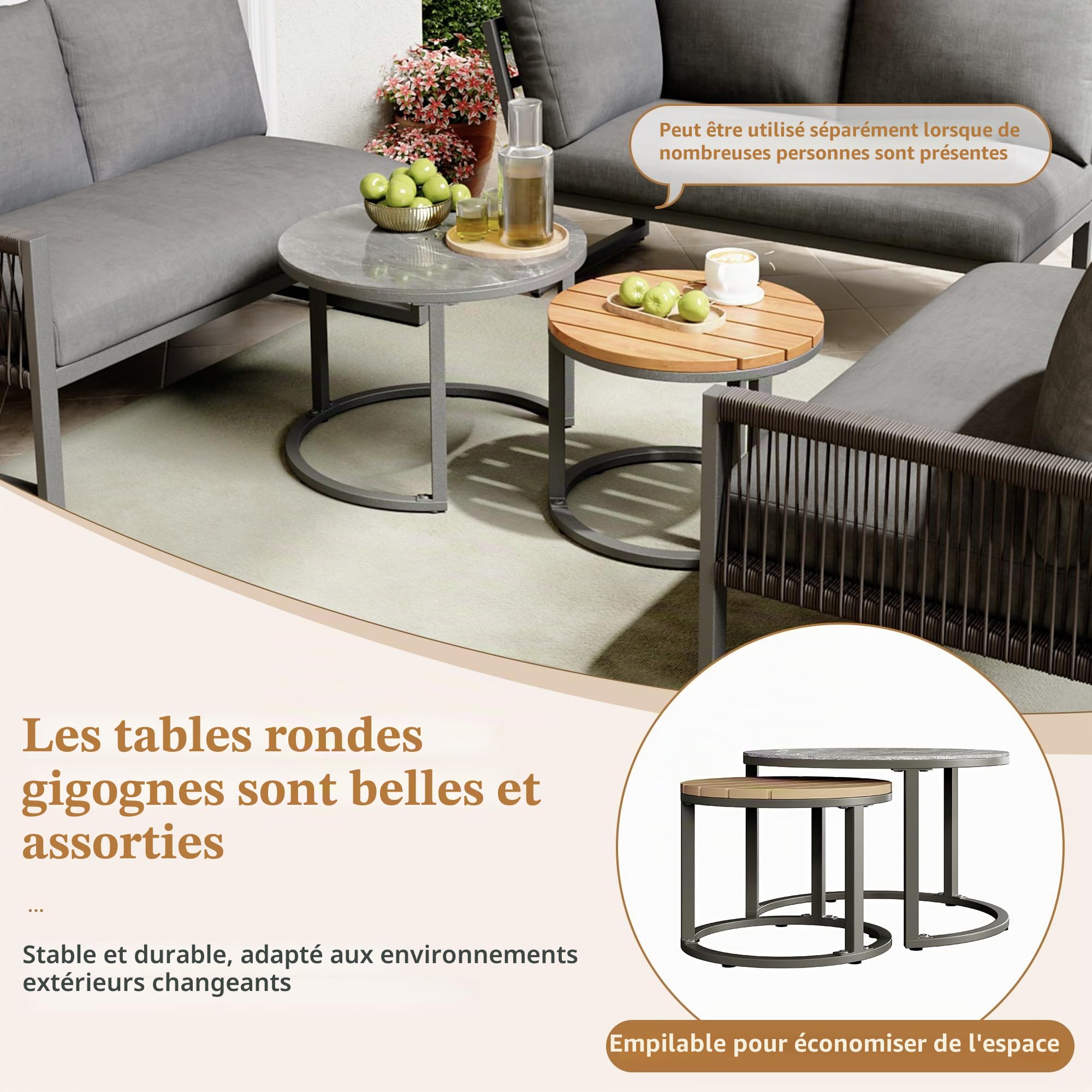 Ensemble Salon de Jardin Exterieur 6/8 Personnes, Canapé d'angle Aluminium Métallique avec Coussins, Table Basse Marbre & Bois, Meuble Lounge Moderne pour Terrasse Balcon