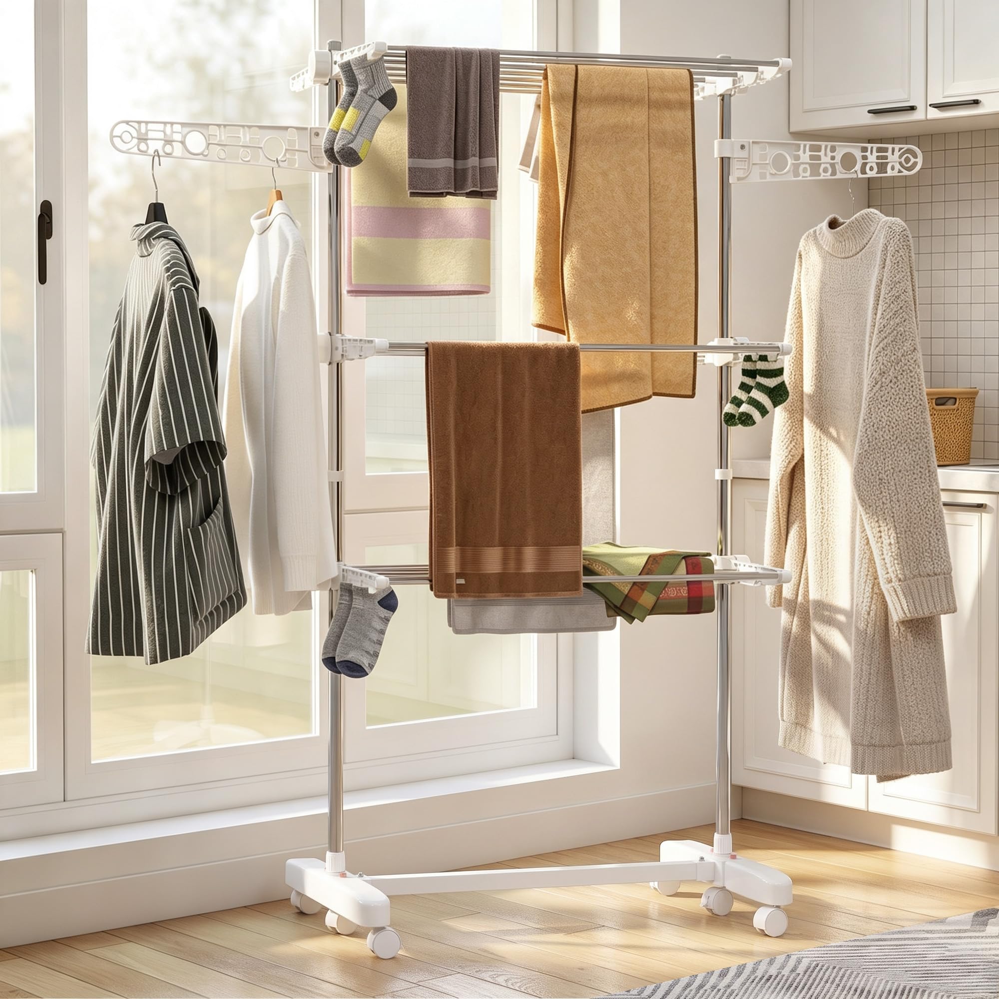 HOMCOM Stendibiancheria Verticale 3 Livelli Regolabili Bianco Argento | Stendino a Torre Pieghevole Salvaspazio Estensibile, Acciaio Inox, 6 Ruote, Ganci, Interni, Balcone, 142x55x152cm