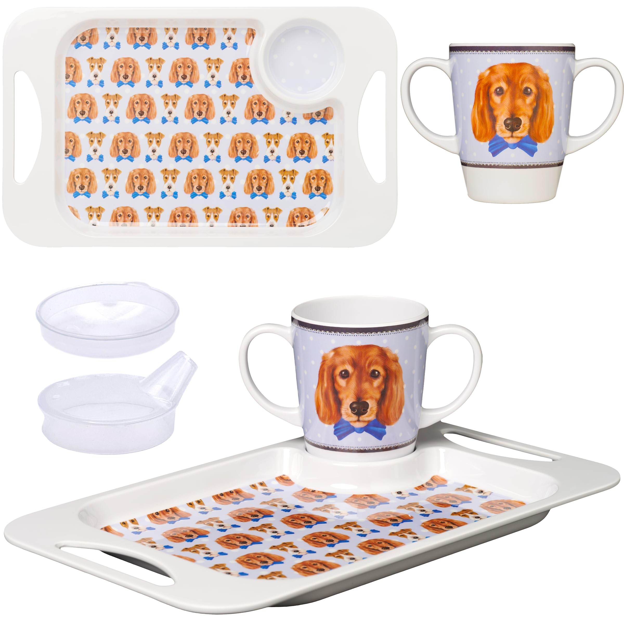 Juego de taza de melamina con dos asas y bandeja para servir (400 ml), bandeja de capacidad para tazas (33,8 cm x 20,6 cm), ayuda ligera para la movilidad para ancianos, demencia,