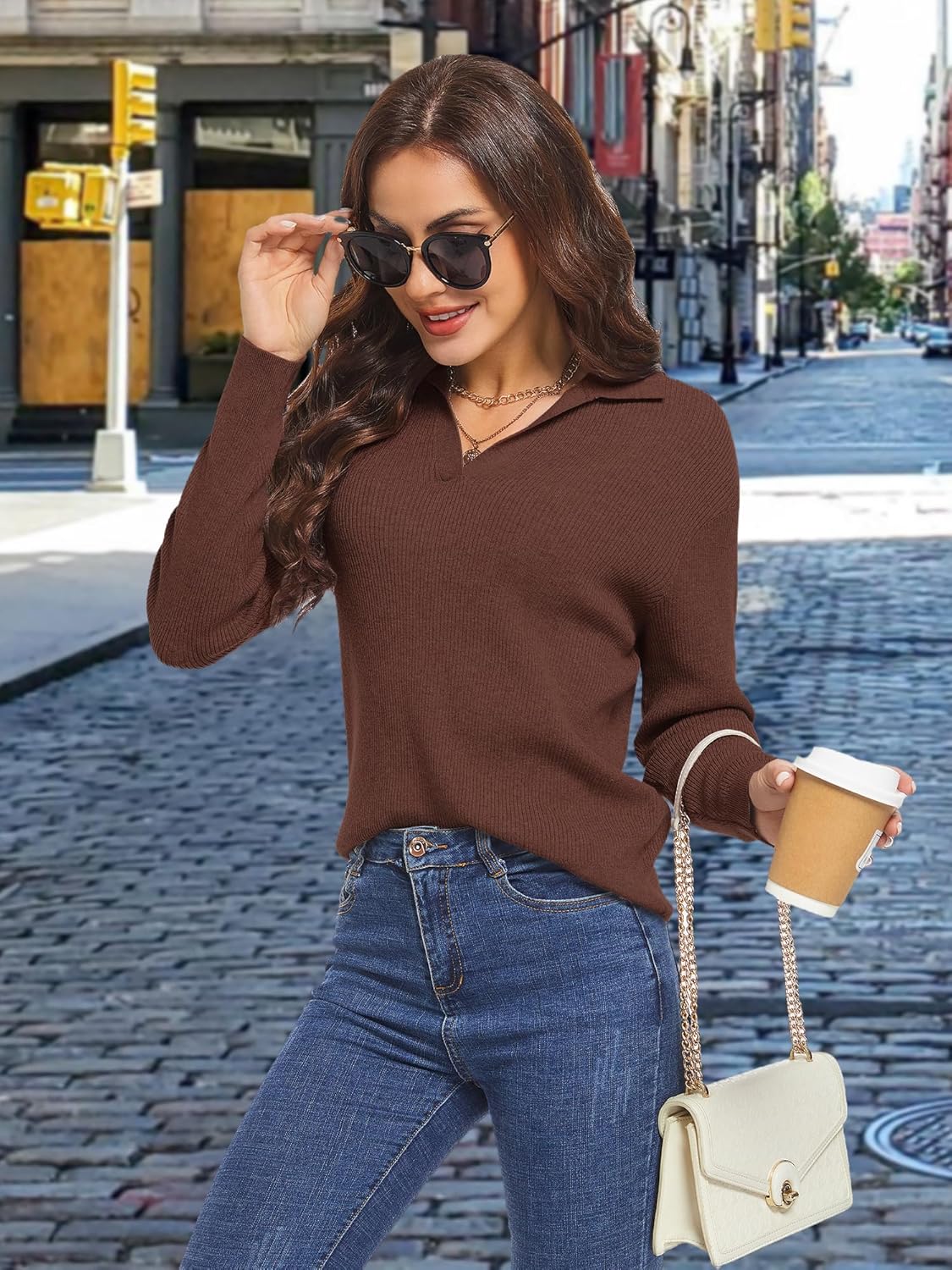 MessBebe Women's Long Sleeve Knitted Pullover Sweaters Collared V-Neck Polo Shirts Tops - Image 3