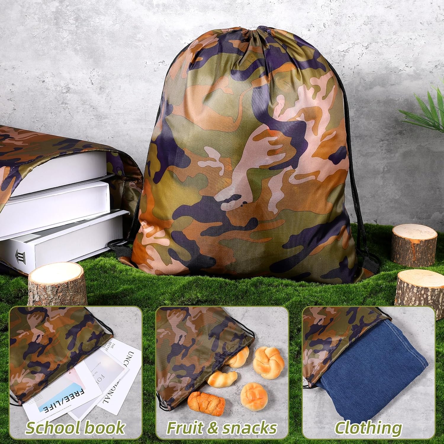 26 Pcs Camo Drawstring Bags Bulk, Waterproof Lightweight Camouflage Polyester Backpack for Travel Gym Sport Yoga Camping Party Supplies, 13.4 x 16.5 Inch