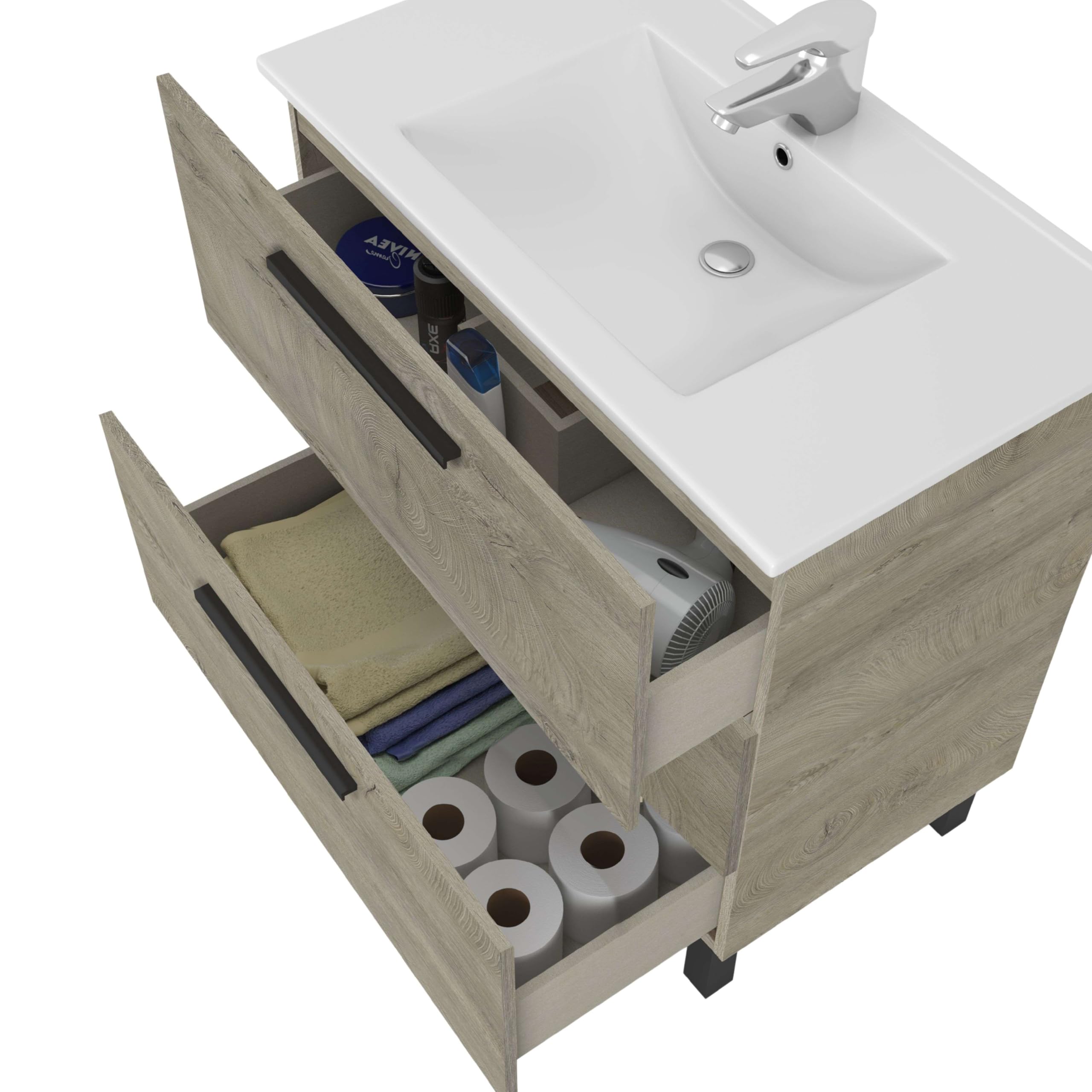 ARKITMOBEL Mueble de Baño Athena con 3 Cajones y Espejo, Módulo de Lavabo con Patas, Color Roble Alaska, Medidas: 80x86x45 cm (Lavabo No Incluido)