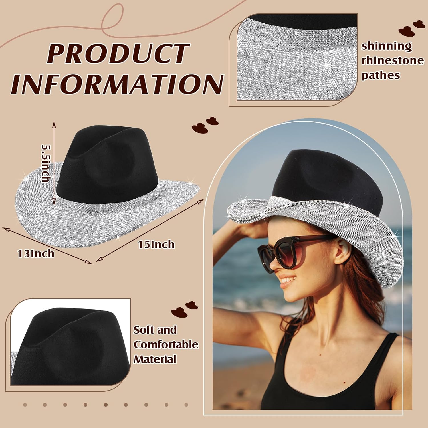 Hercicy Rhinestone Cowboy Hat with Diamond Fringe Bling Cowgirl Hat With Western Wide for Cosplay Wedding - Image 3