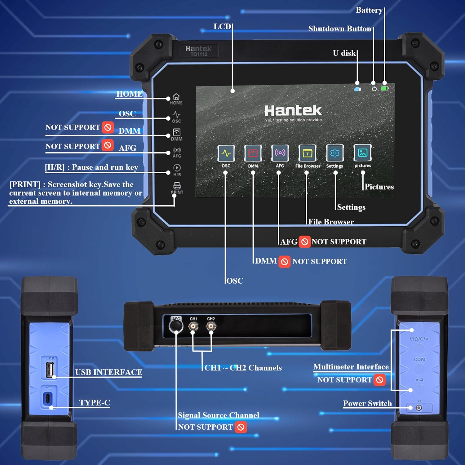 Hantek Tablet Oscilloscope 110MHz Bandwidth 250MSa/S 8M Storage Depth with 7" Touch Screen(TO1112/110MHz+2CH) - Image 5