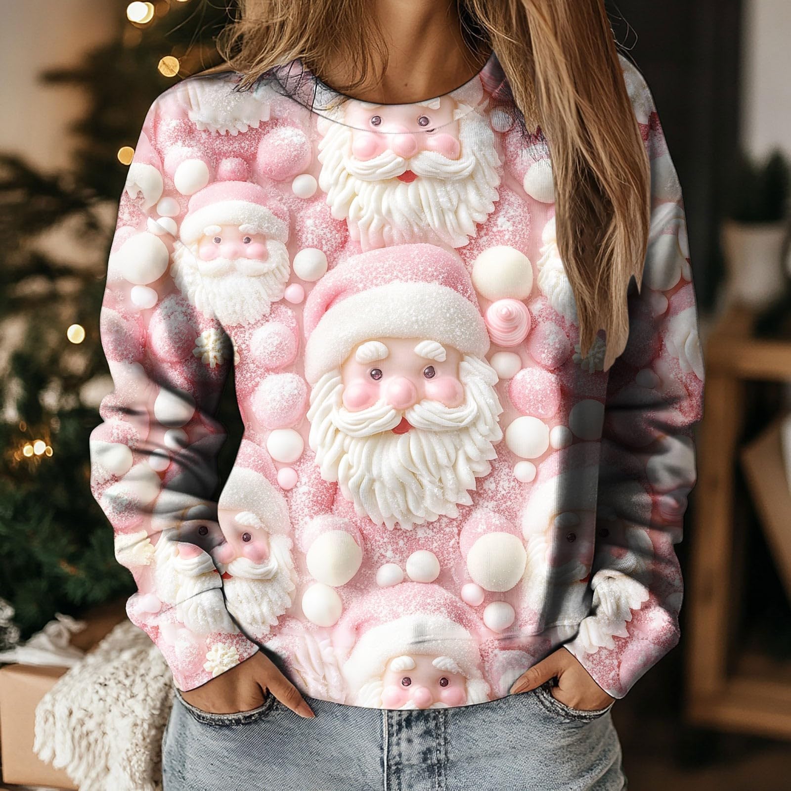 Regular Fit Sweatshirt Damen Ärmeln für Damen Mädchen mit 3D Rentier Weihnachtsmann Schneemann Aufdruck.