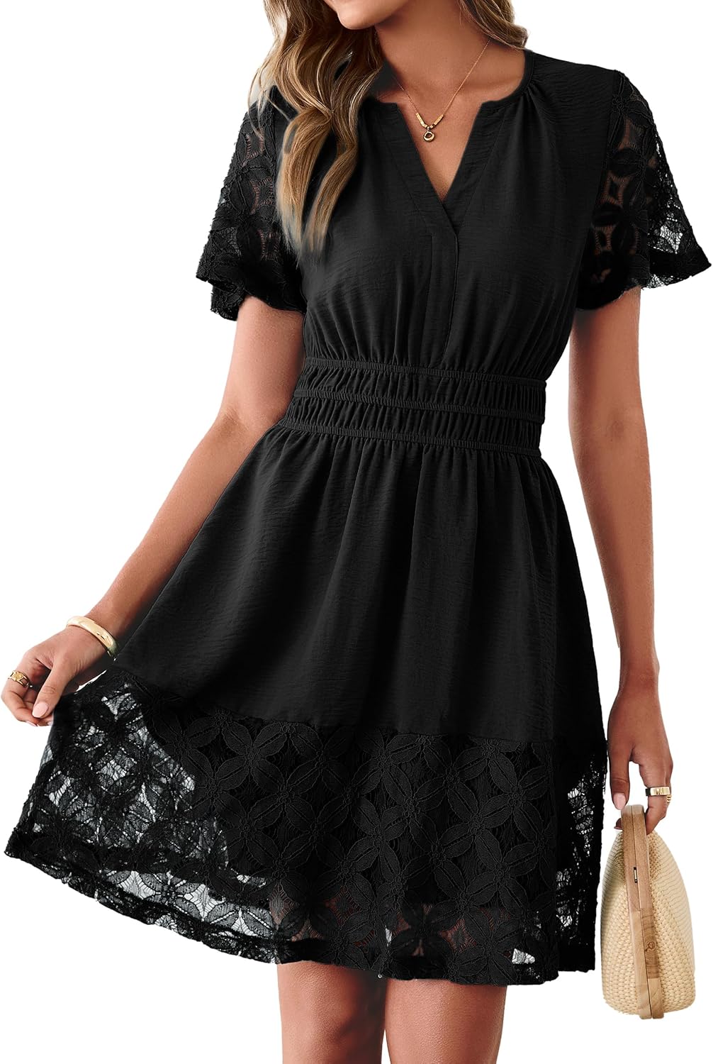 Simplee Womens Boho Summer Dresses Casual Wedding Guest V Neck Short Sleeve Empire Waist A Line Tiered Mini Dress