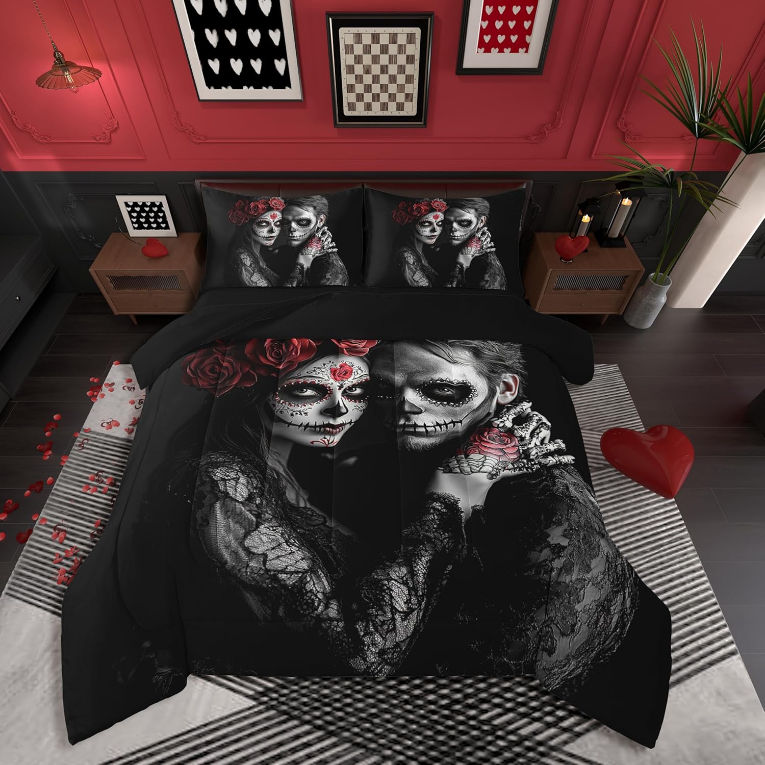 Erosebridal 7Pcs Skull Couple King Comforter Set,Kissing Lovers Skeleton Bedding Sets,Vintage Rose Flower Bed in A Bag,Gothic Spooky Lover Quilt with Flat Fitted Sheet Valentine's Day Bedroom Decor