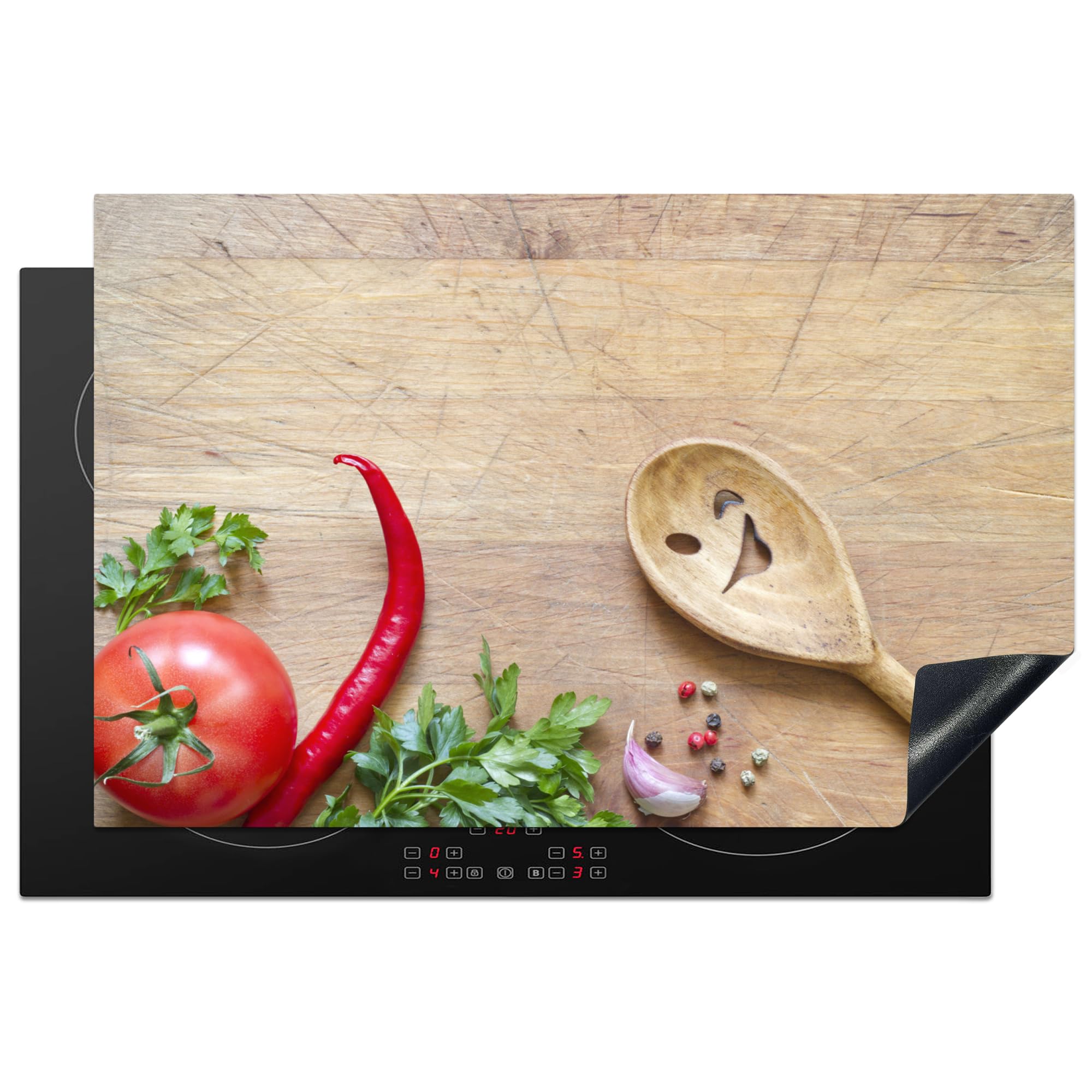 KitchenYeah© Induction Hob Cover Protector Mat 20.5"x31.5" / 80x52 cm Kitchen Universal Ceramic Covers for Electric Cookers Vinyl Vegetable - Wood Texture - Ladle - Smiley - Tomato