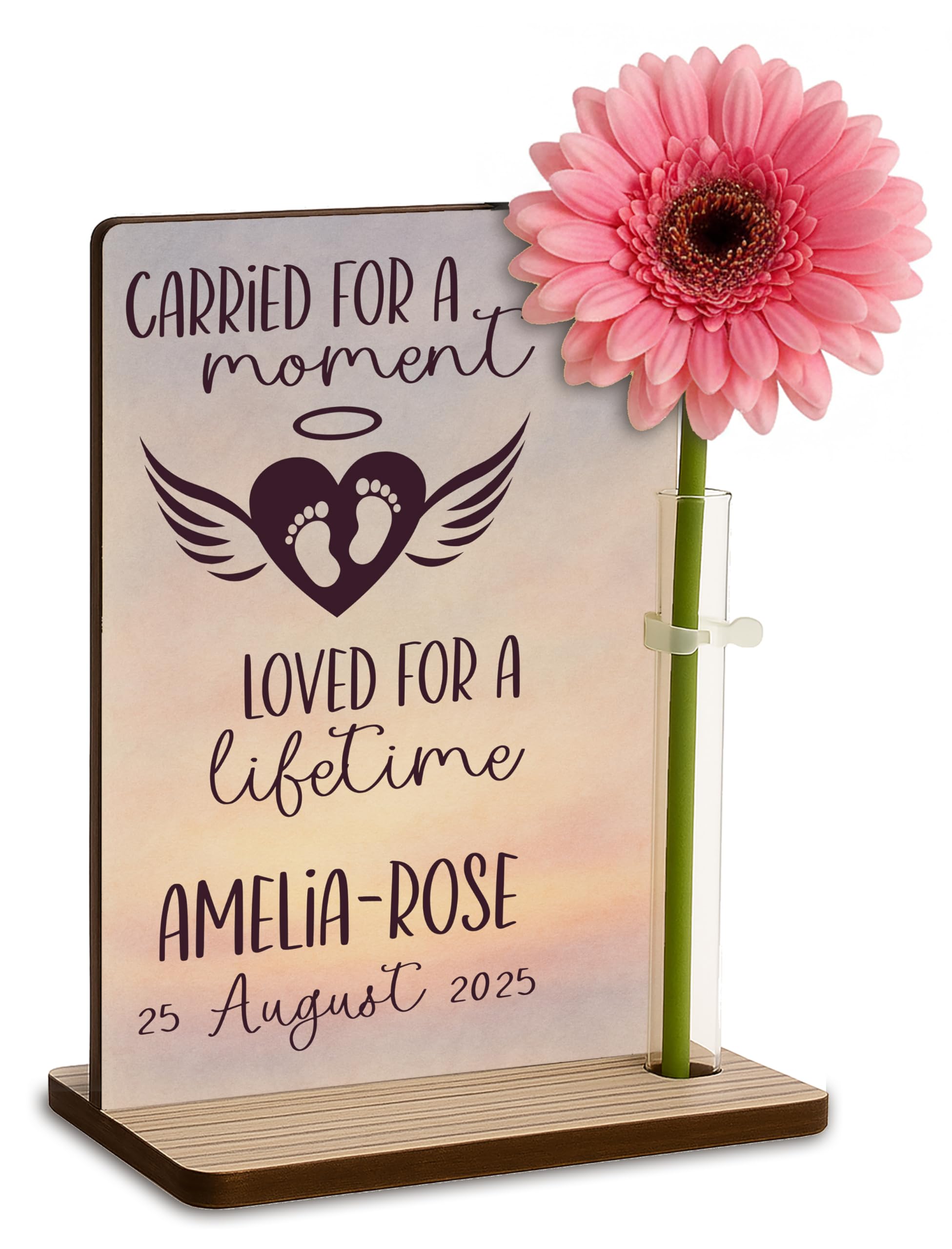 The Plum Penguin Carried For A Moment… Personalised Baby Loss Memorial Wooden Plaque With Artificial Flower Miscarriage Remembrance Angel Baby Keepsake Ornament Gift (Carried For A Moment…)