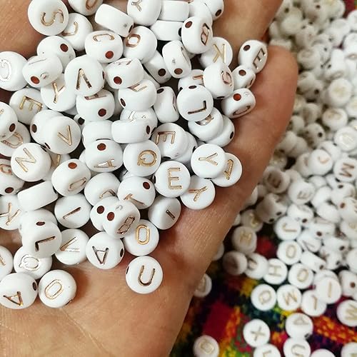 Miniatura 10 de Amaney - 1200 cuentas redondas de acrílico blanco del alfabeto A-Z de 0.157 x 0.276in, incluye 100 cuentas de corazón y cuentas de números para