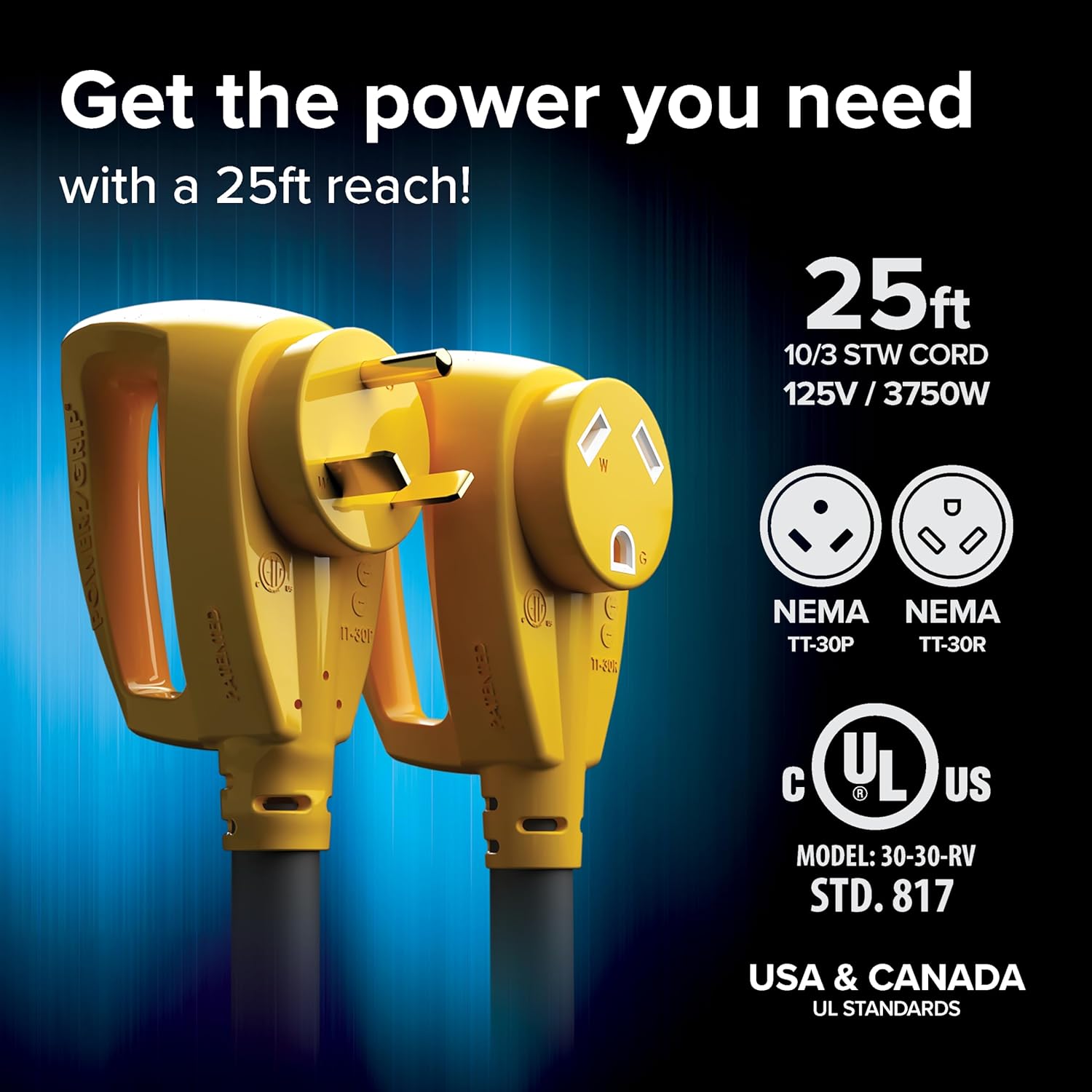 Camco Power Grip 25-Ft 30 Amp Camper RV Extension Cord - Male to Female (NEMA TT-30P to TT-30R) - Rated for 125V/3750W - Features Heavy Duty 10-Gauge Copper Wire & Weather Resistant PVC (55191)