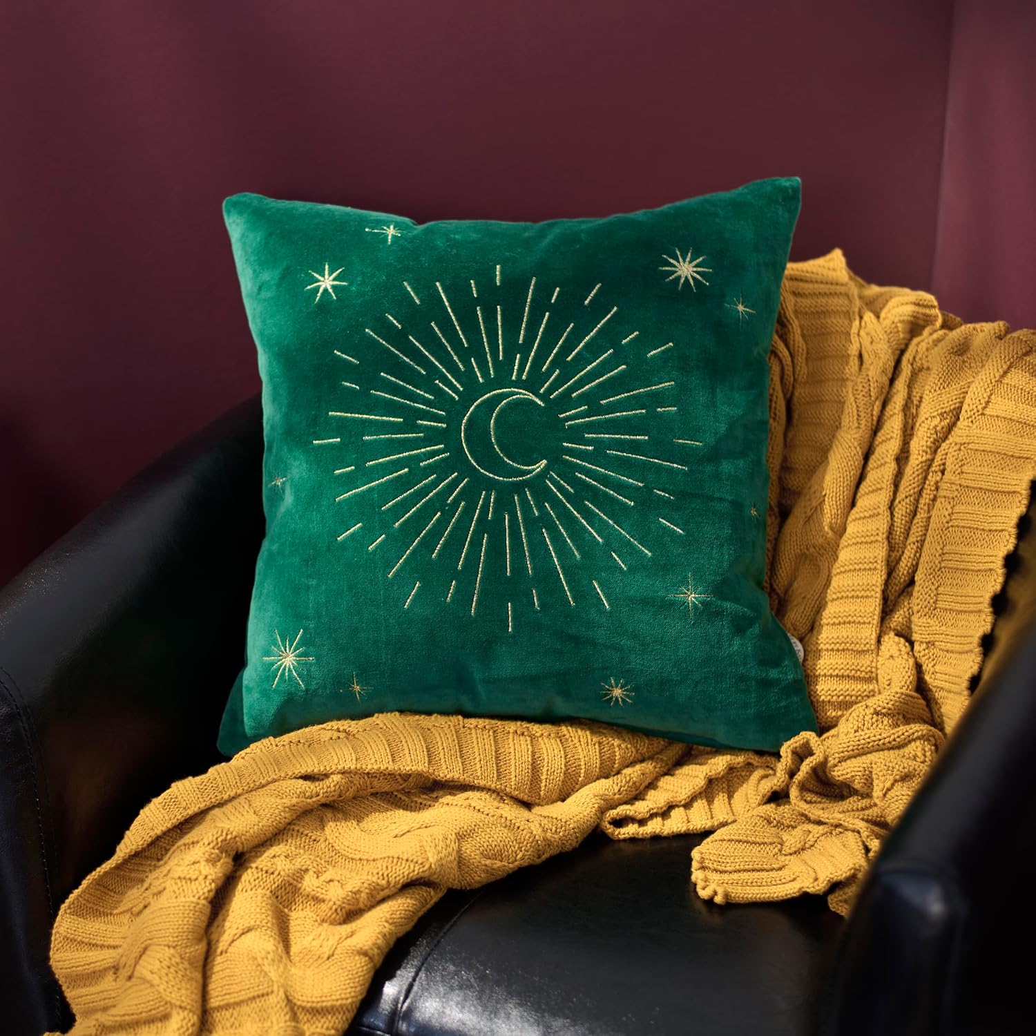 Primitives by Kathy Decorative Throw Pillow, Moon And Stars, removable zipper cover/embroidered in metallic gold thread on soft green velvet/stylish trendy accent for your home office dorm den or gift