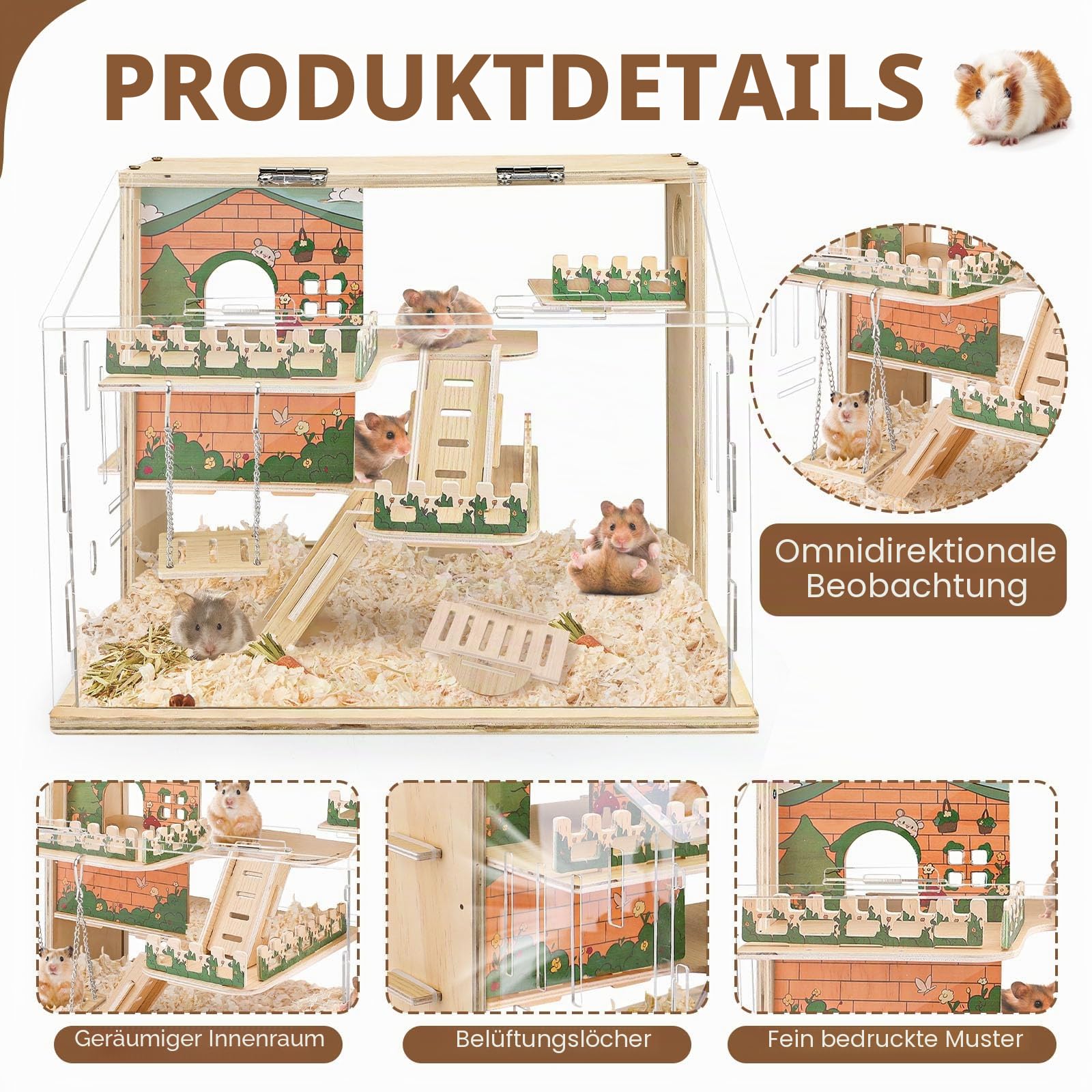 Hamsterkäfig Holz Groß 40.6 cm 3-lagiger Acryl Hamsterkäfig Kleintierkäfig mit Plattform und Laufstall für Direkte Beobachtung, Haustierbedarf