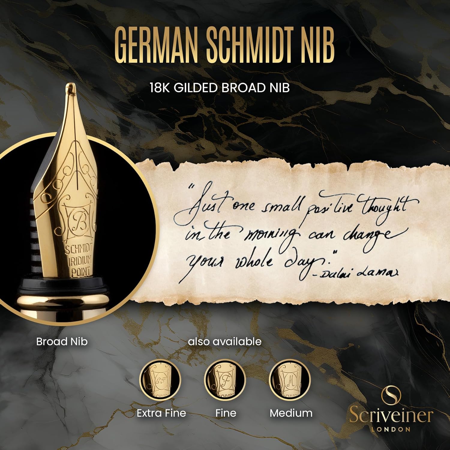 Scriveiner Luxury Fountain Pen - Stunning Black Lacquer Pen, Real Gold Plating, Schmidt Gilded Nib (Broad), Bundle with Fountain Pen Ink Cartridges - Blue - 20 Standard International, Made in UK