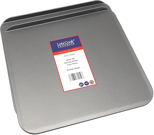 Slide Off Baking Sheet Twin Pack, British Made with Teflon Non Stick by Lets Cook Cookware