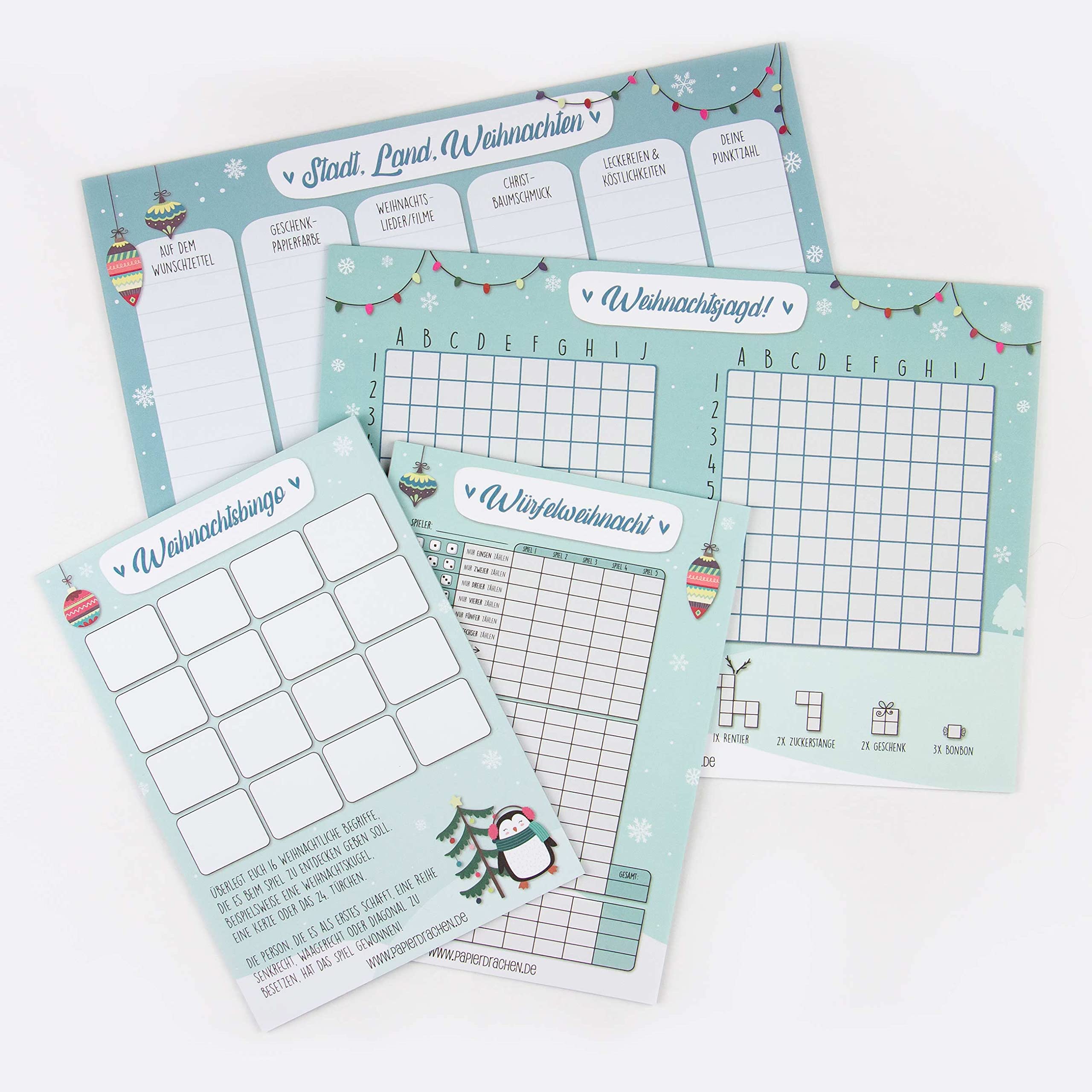 Papierdrachen Christmas Game Blocks for Children - 4 Mini Games City Country River | Sinking Ships | Trickle | Bingo - Various Sizes - Set 1