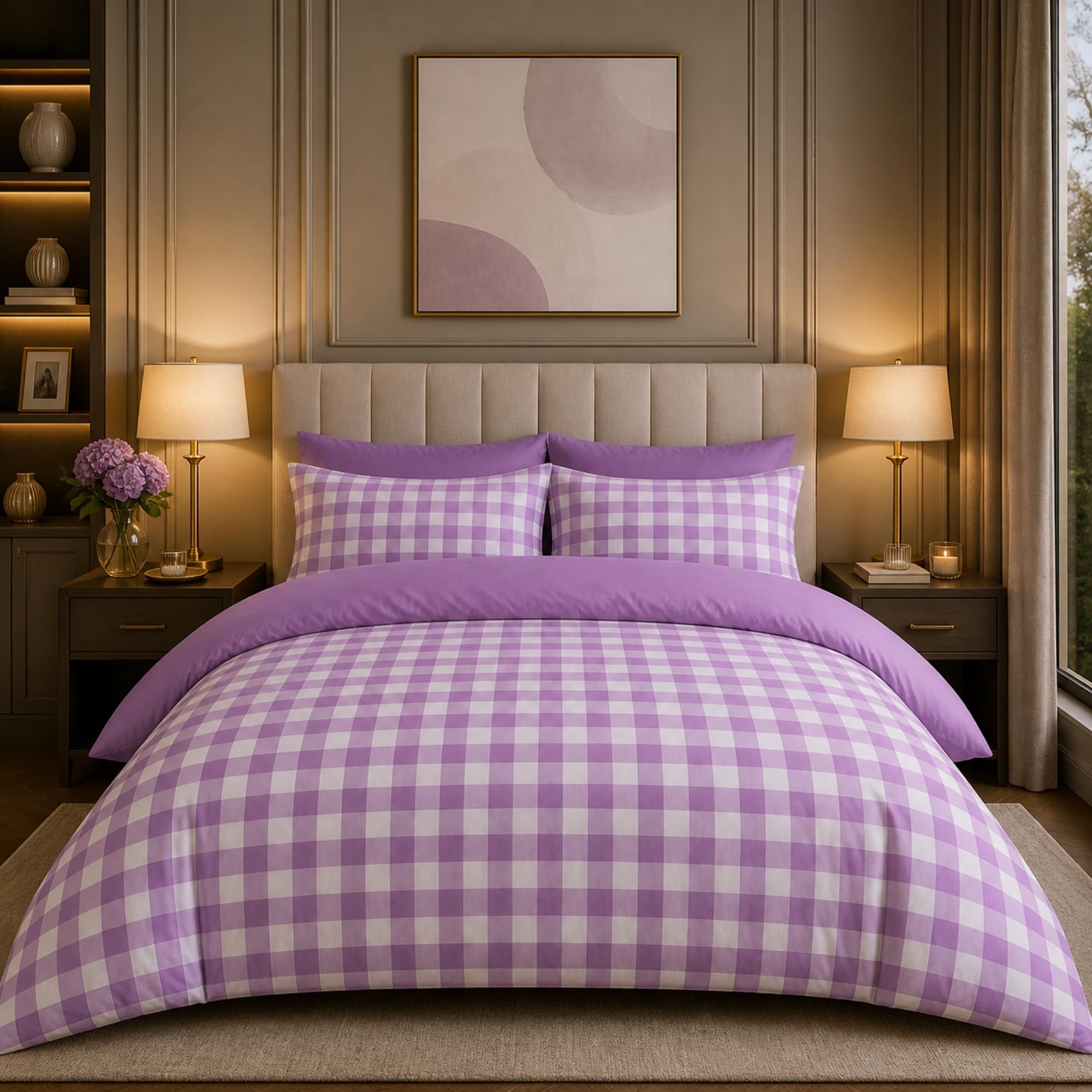 Dolce Vari Gingham Moor Check Microfibre Duvet Cover Set – Reversible Checked Quilt Cover with Matching Pillowcases – Soft, Lightweight Bedding Set – Easy-Care & Durable (LILAC, Double)