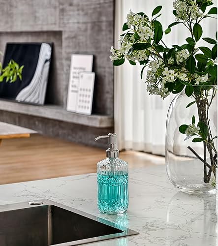 Miniatura 5 de JASAI Dispensador de jabón de vidrio transparente en relieve de 18 onzas con bomba a prueba de óxido, dispensador de jabón para platos recargable