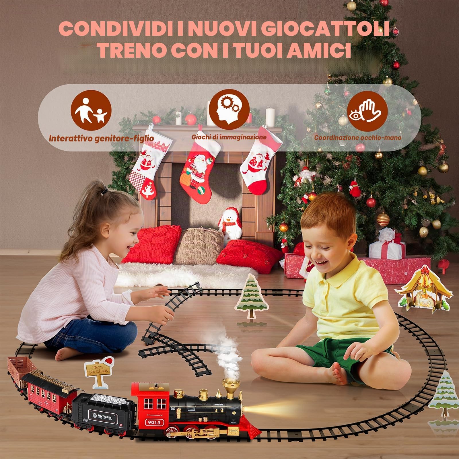 Hot Bee Set di treni di Natale per ragazzi di 3 4 5 6 anni sotto l'albero, treno elettrico per bambini adulti, treno per intorno all'albero di Natale, giocattolo a vapore con fumo