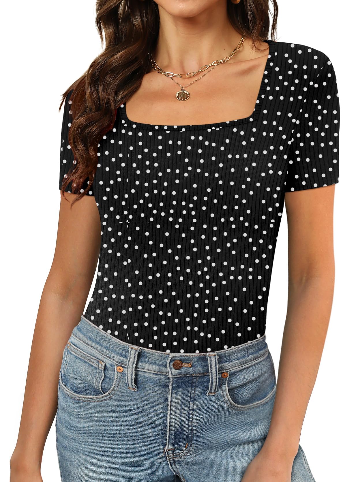 XIEERDUO Womens Square Neck Short/Long SleeveTops 2024 Spring Summer Slim Fit Tees Shirts