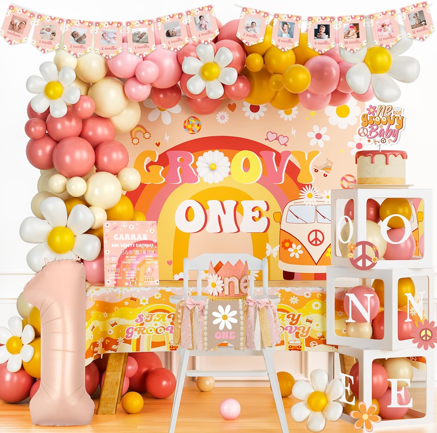 Groovy One Birthday Decorations Girl - First Birthday Decorations for Girl - Hippie Boho Daisy Theme with Backdrop, Balloon Garland, Banner, Cake Topper, Box Cutout, Poster, and Crown