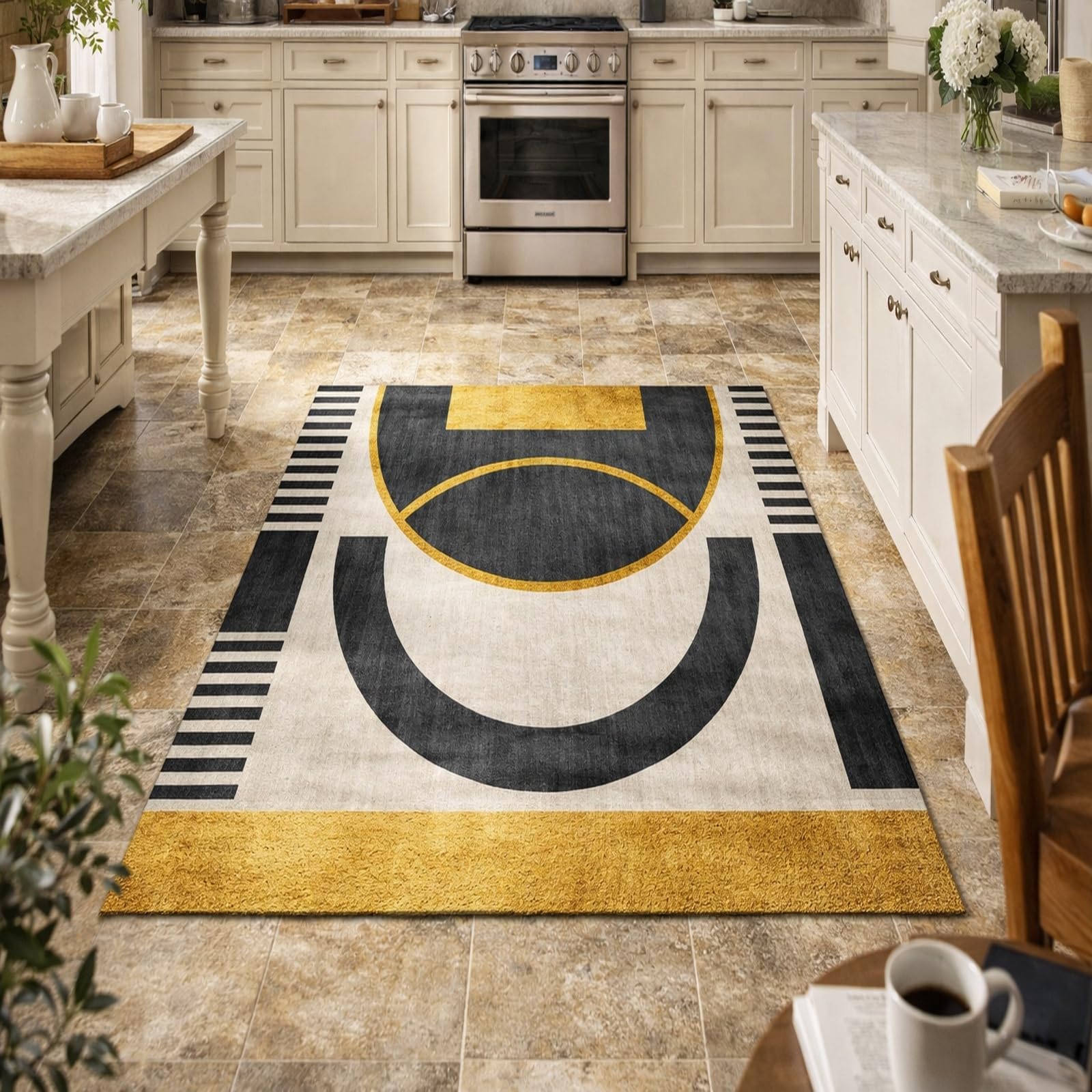 Tapis géométrie moderne jaune et gris 150x150 cm lavable