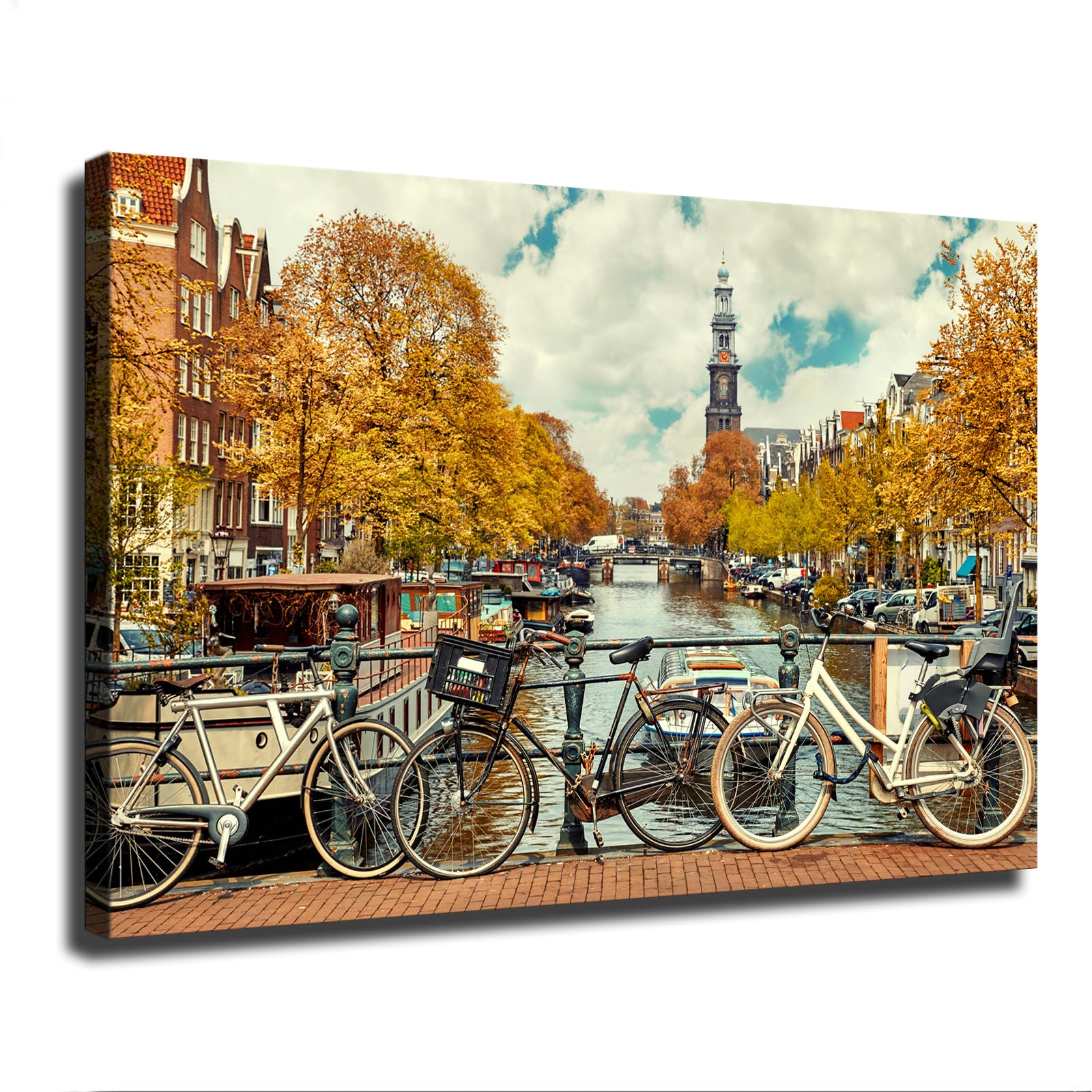 Bicycle in The Canal of Amsterdam City Wall Art Poster Gifts Bedroom Prints Home Decor Hanging Picture Canvas Painting Posters (16×24inch_Framed)