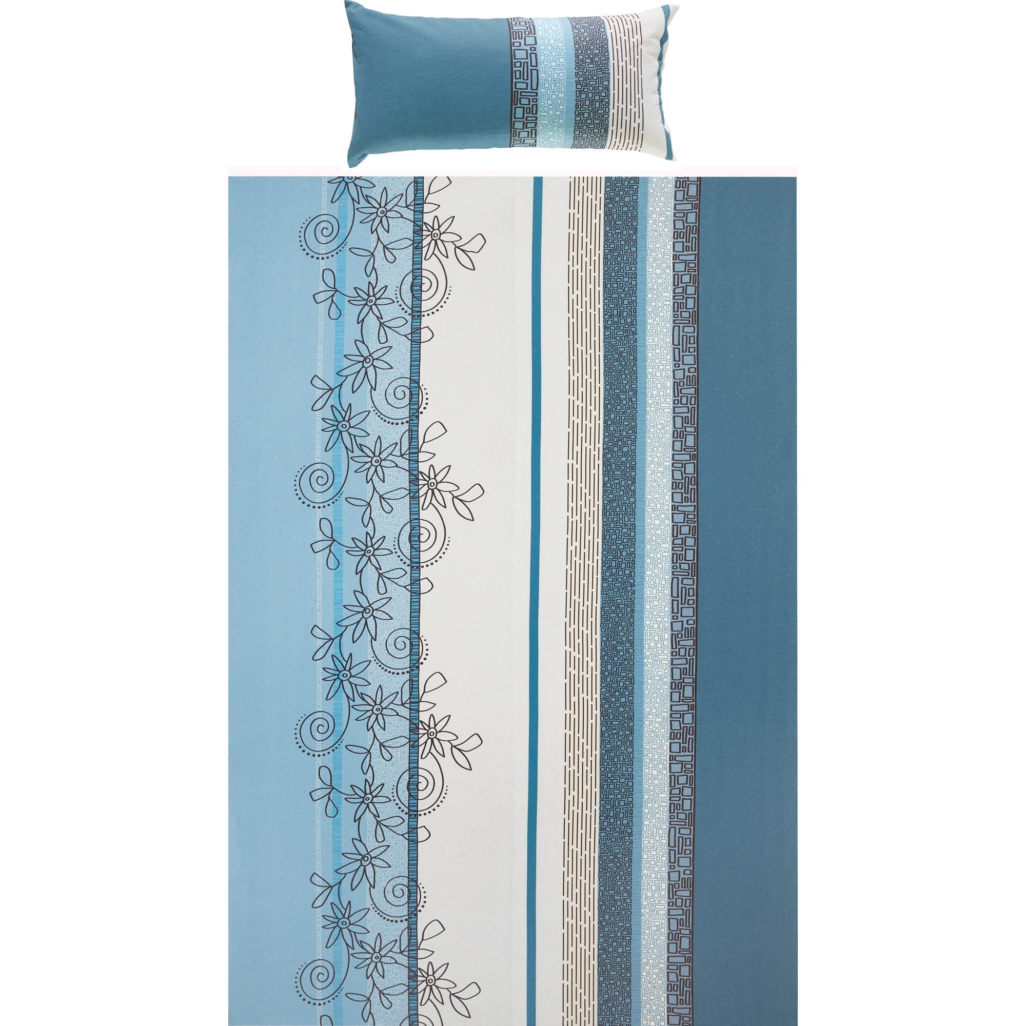 Erwin Müller Bettwäsche, Bettgarnitur Fein-Biber Blumen 4-TLG Sparpaket hellblau Größe 40x80 cm / 135x200 cm - hautsymphatisch, bügelleicht, mit Marken-Reißverschluss