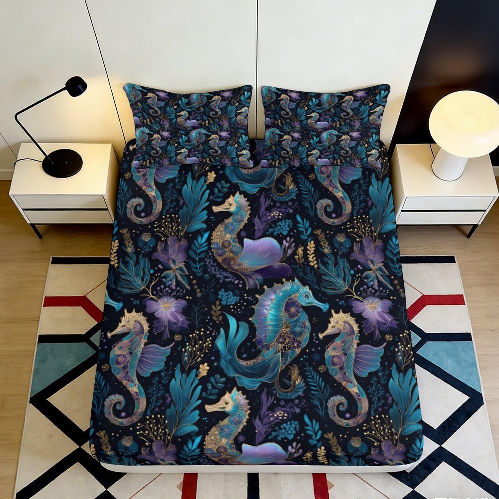 Pnayamiorkfel Style-4 3D Printed Ocean Seahorse Fitted Sheet Microfiber Soft Blue Floral Mattress Cover For Bedroom Guest Room Decor 90X200x25cm