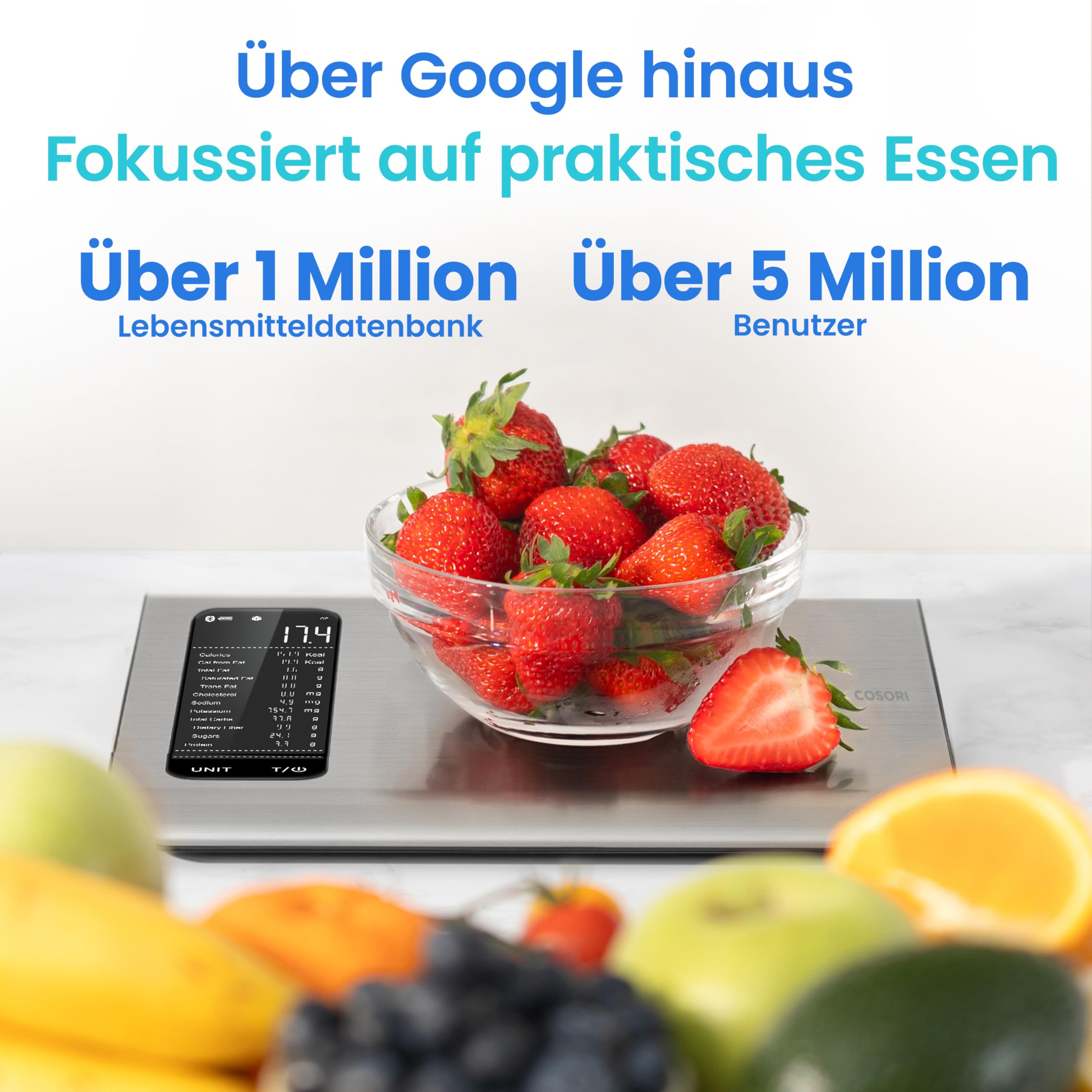 Cosori Küchenwaage digital mit Nährwertberechnung, Edelstahl, 5KG-1g, Silber