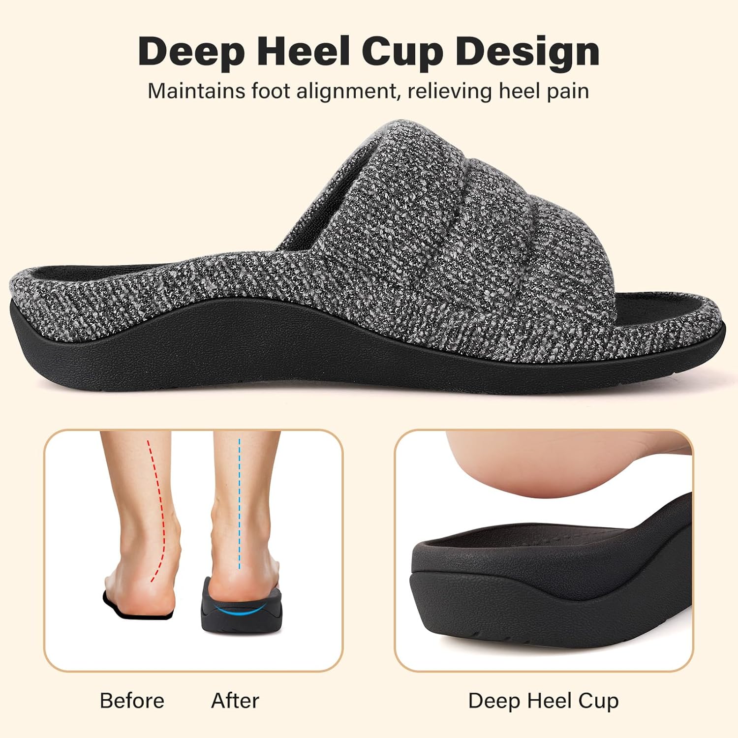 V.Step Orthopedic Slippers with Arch Support for Women Men, Orthotic Bedroom Slippers Slides for Plantar Fasciitis,Open Toe Slip on House Shoes Indoor Outdoor for Ladies, Foot Pain Relief (Black, Adult, Men, 5, Numeric, US Footwear Size System, Medium)