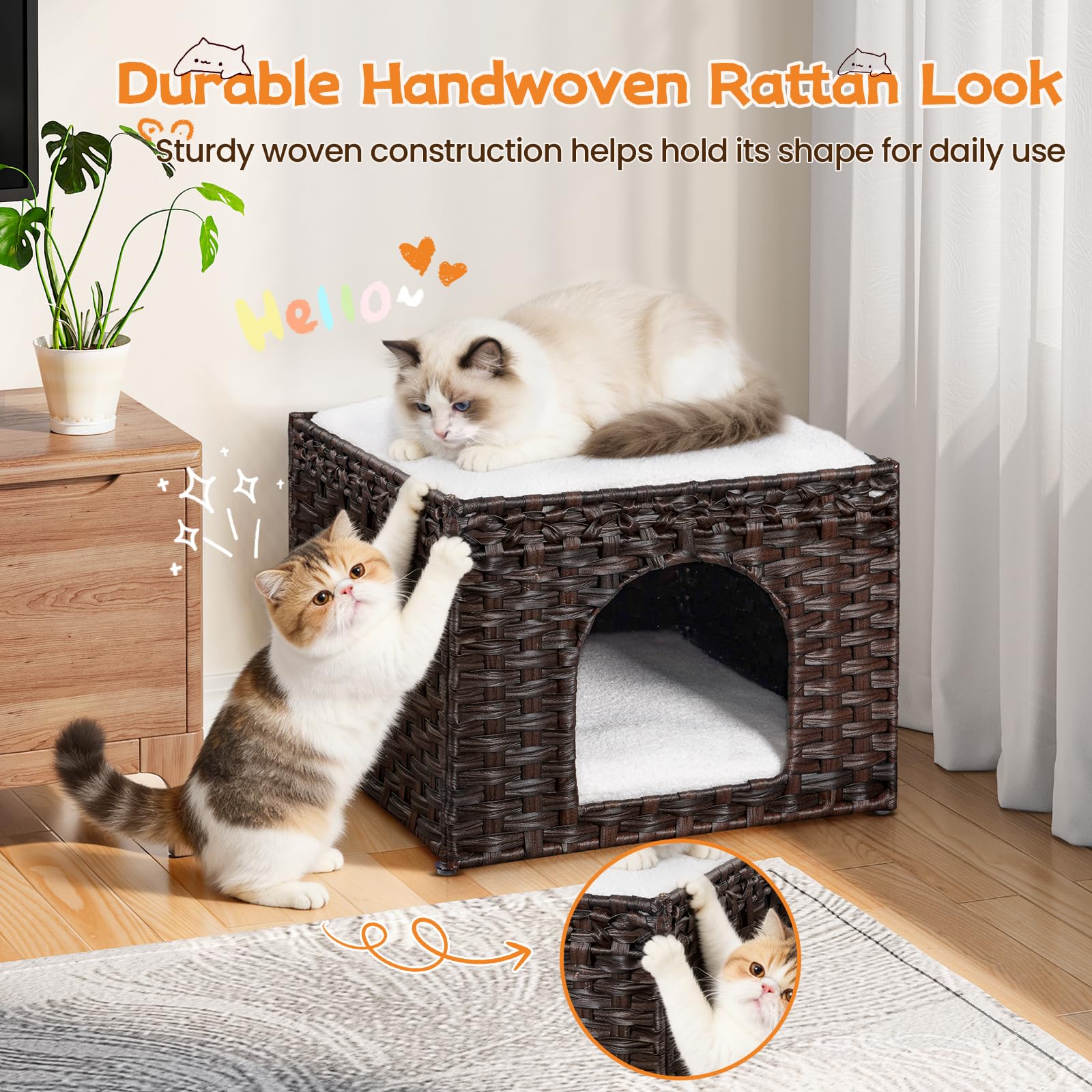 Snughome Handgewebtes Rattan-Katzenbett - Indoor Faltbare Katzenhöhle mit 2 abnehmbaren Bettmatten Großes Kätzchenhaus Versteck Haustierwürfel 16,54 x 16,54 x 12,6 Zoll Braun für Wohnzimmer