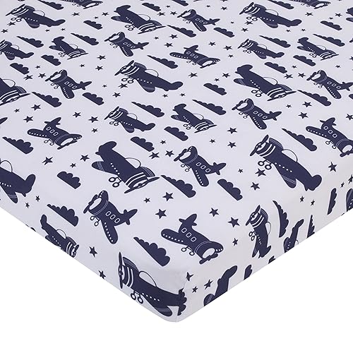 Miniatura 4 de NOJO Little Love Soar High Little One - Juego de ropa de cama de 3 piezas para cuna, azul marino, azul claro, naranja y blanco, aviones, nubes y