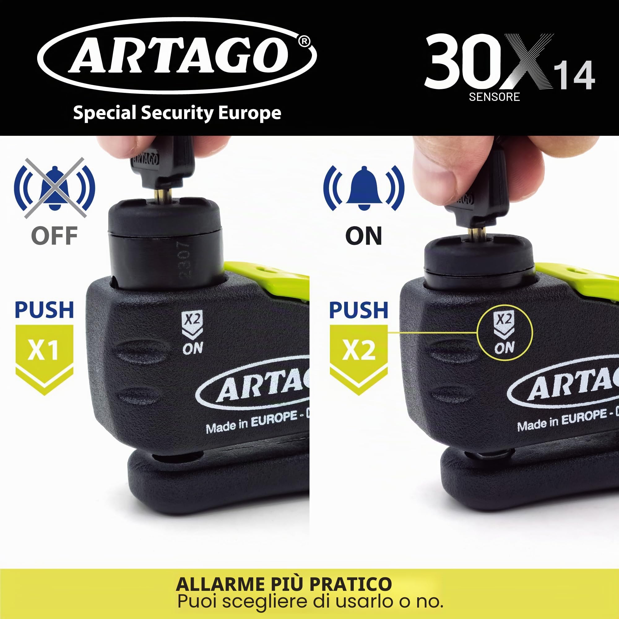 Artago 30X2 Pack Antifurto Bloccadisco con Allarme 120db Alta Sicurezza + Supporto per Yamaha MT-07 e Tracer 700, Omologato SRA e Sold Secure Gold