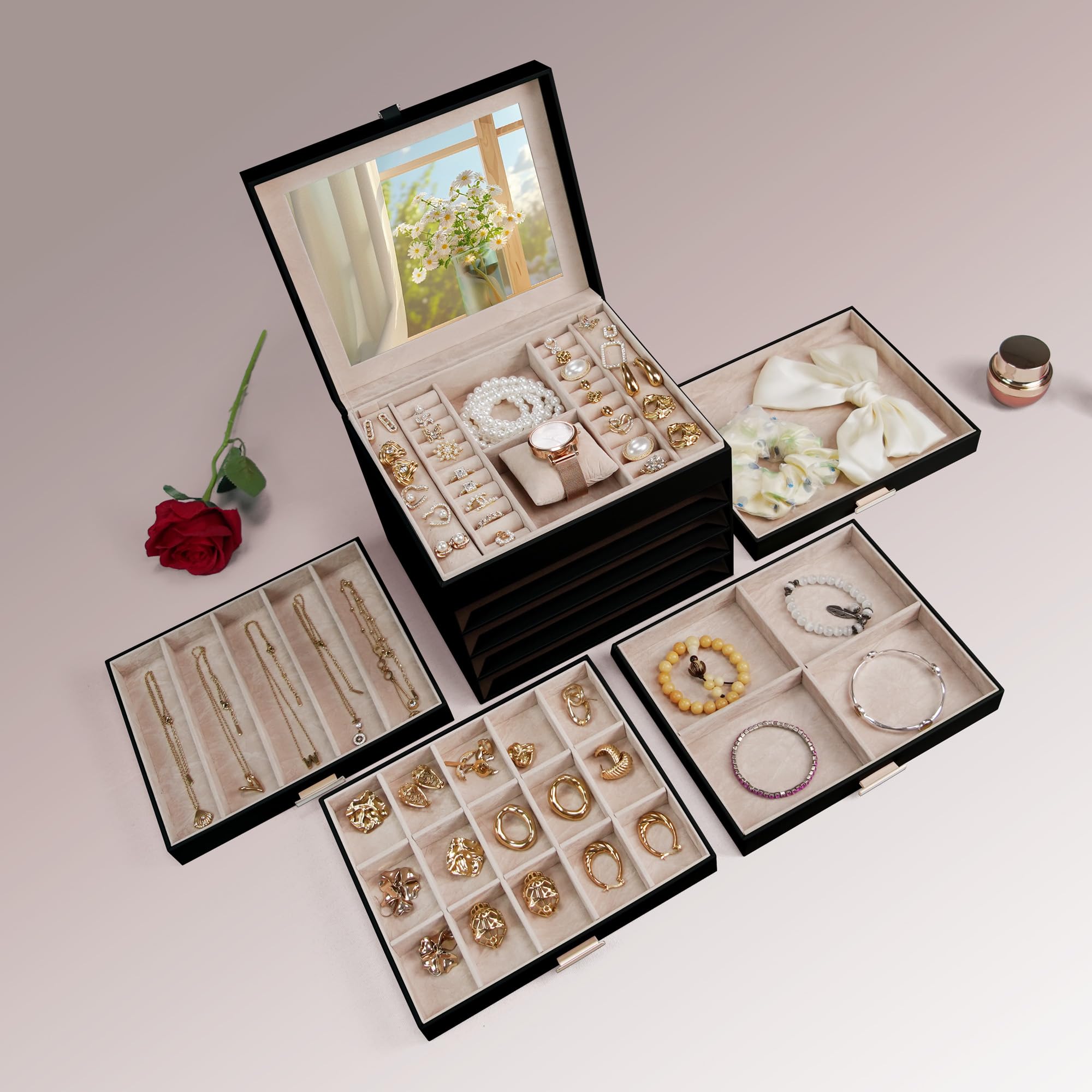 Schmuckschatulle 5 Ebenen,Schmuckkästchen mit Kleeblatt-Verschluss,großem Spiegel & flexibel einteilbaren Fächern,schmuckaufbewahrung für Halsketten, Ringe& Ohrringe,Geschenk Schwarz