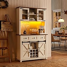 Coffee Bar Cabinet with LED Light, 72" Tall Farmhouse Coffee Bar Hutch with Storage, Sideboard Buffet Cabinet with Microwave Stand/Glass Shelf/6 Hooks/3 Drawers for Kitchen Living Dining Room, White