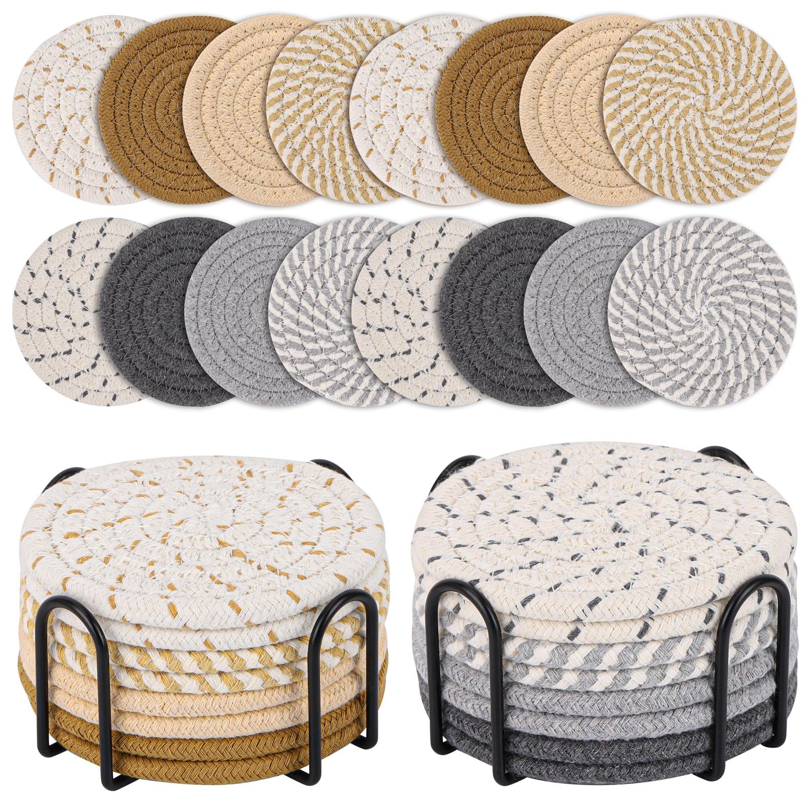 16Pcs Drink Coasters with Holder, 8 Colors Absorbent Coasters Minimalist Cotton Woven Coaster for Living Room Decor,Tabletop