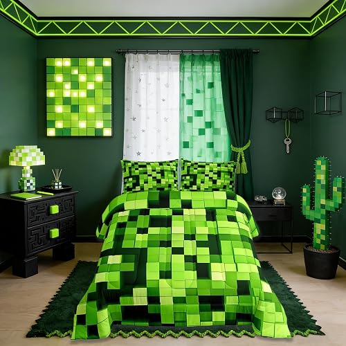 Pixelated Miners Game Kids Bedding Set Queen Size,Video Games Gamepad