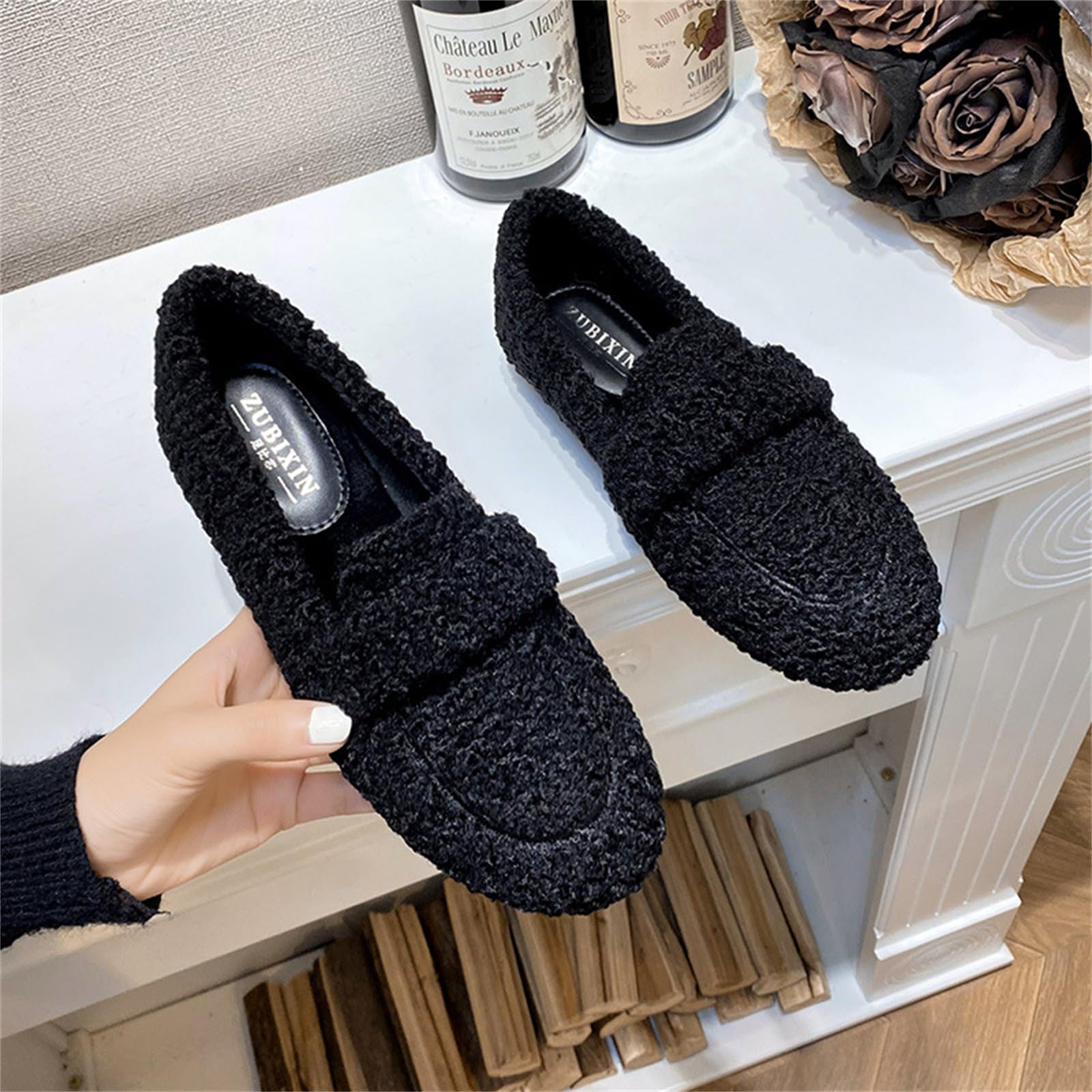 MEIION WOLFF Plüsch Pantoffel Schuhe Damen Winter Hausschuhe, Warm Weich, Memory Schaum, Rutschfest Bequem