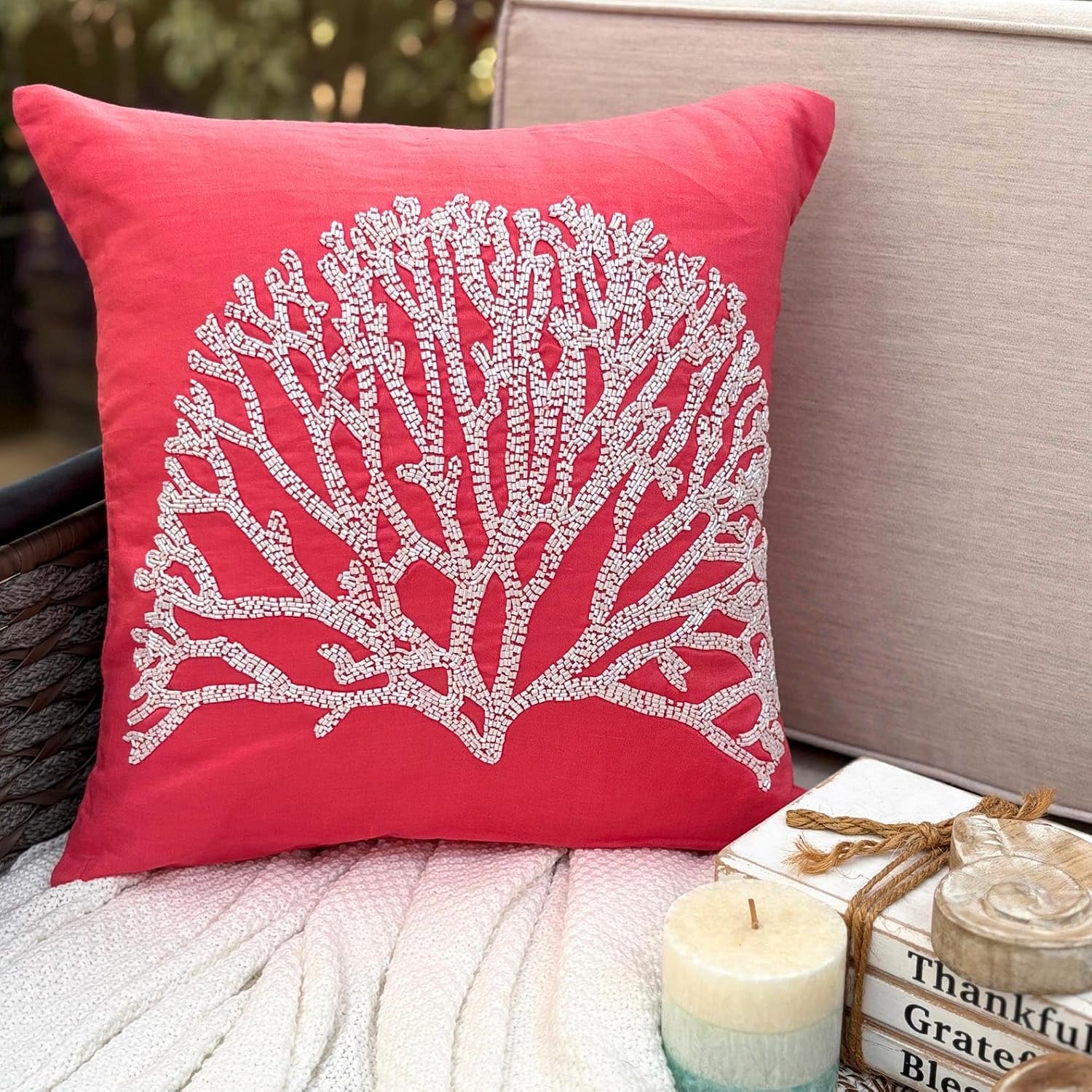 The HomeCentric Euro Sham, Coral Pink European Pillow Shams 26x26 inch (65x65 cm) Linen Euro Sham Covers, Nature & Floral, Sea Weeds, Coral, Tree, Beaded, Contemporary Euro Pillow - White Forest