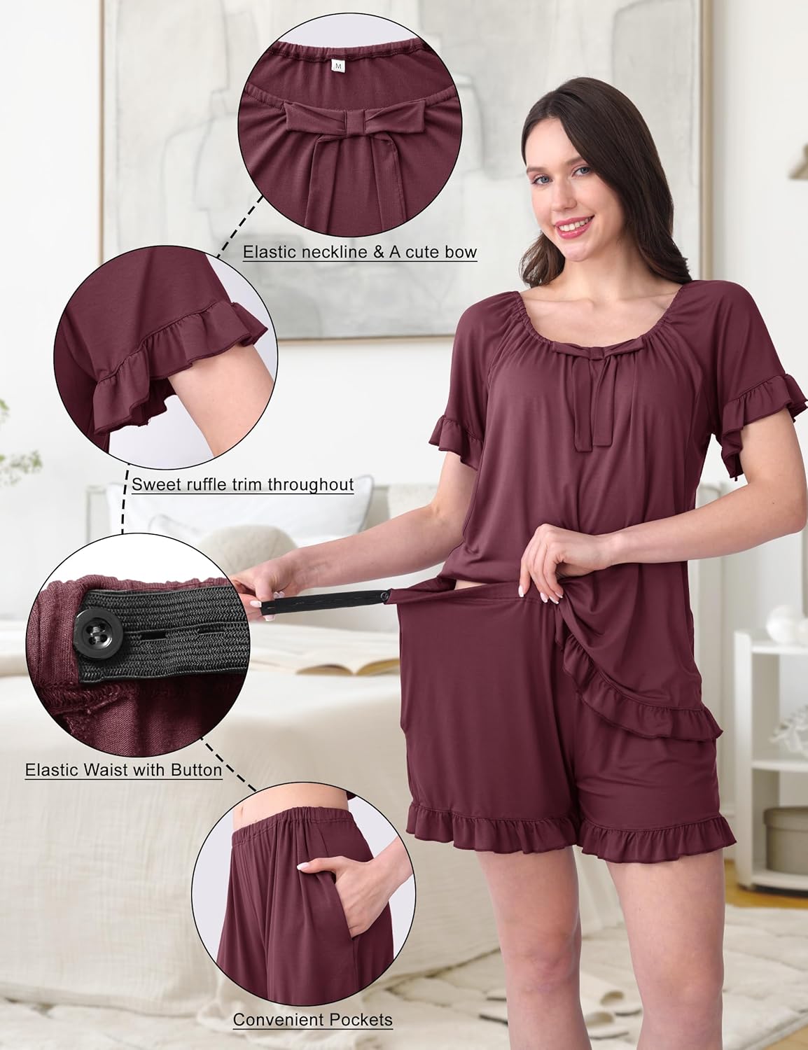 SUNNYBUY 3Pcs Ruffle Trim Postpartum Nursing Pajamas Set with Bowknot, Maternity Breastfeeding PJS Pregnancy Sleepwear