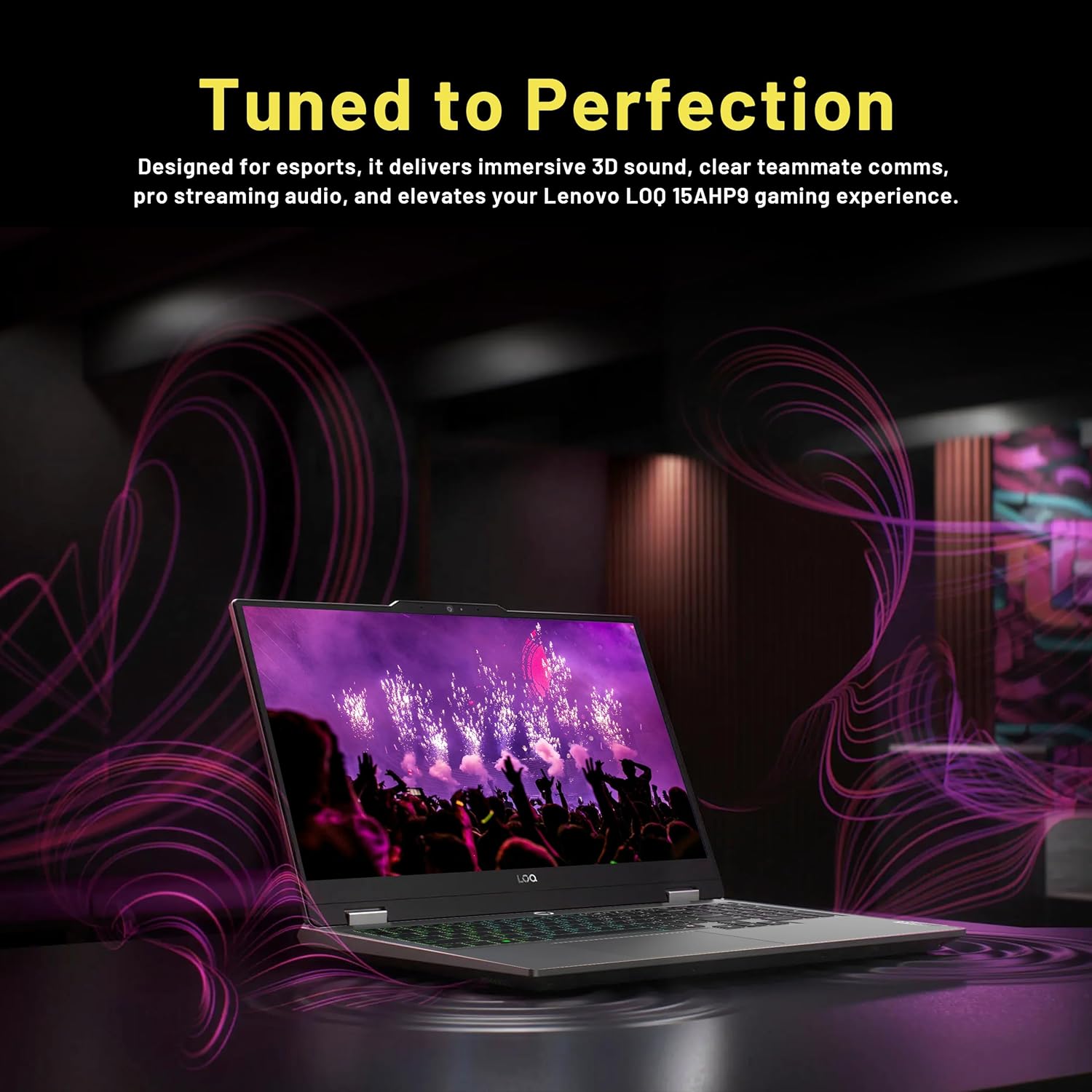 Lenovo LOQ laptop with visual representation of sound waves