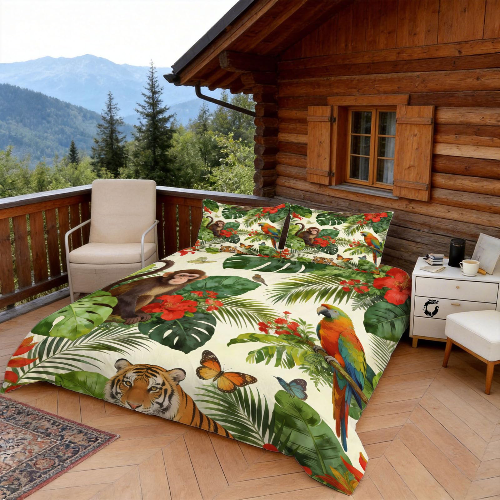 Housse de Couette 240 x 260 Jungle Animal, 2 Personnes, Parure de Lit Plantes Tropicales Microfibre avec 2 x Taie d'oreiller 65x65 cm avec Fermeture éclair
