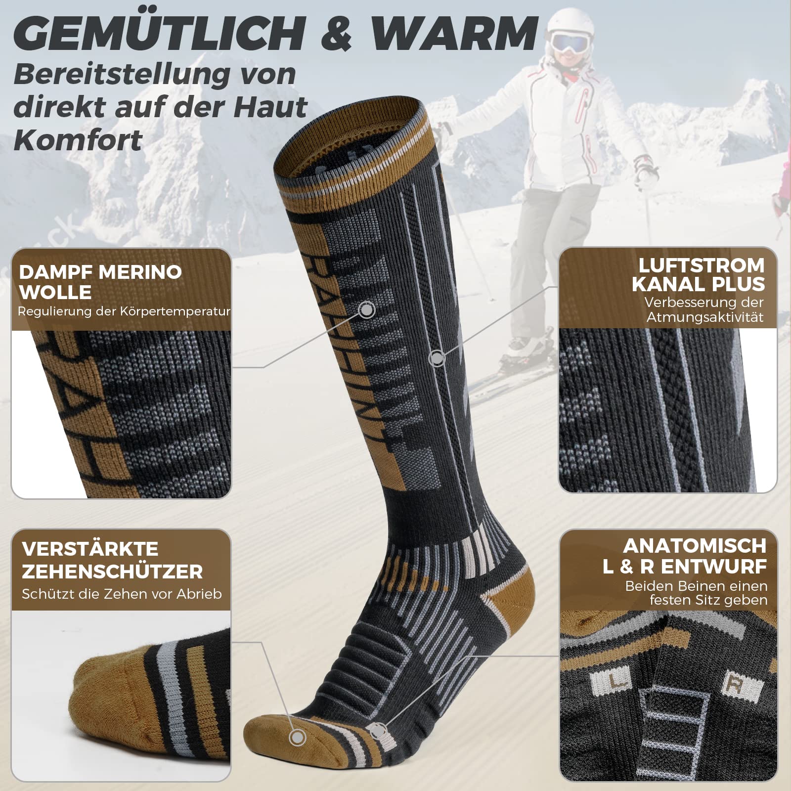 2 Paia Di Calze Sci in Lana Merino Per Uomo, Donna E Ragazzo, Calze Da Sci Snowboard a Compressione, Calze Termiche Sci Alte E Spesse Per Il Freddo, Traspiranti, Ad Asciugatura Rapida, Taglia 35-51