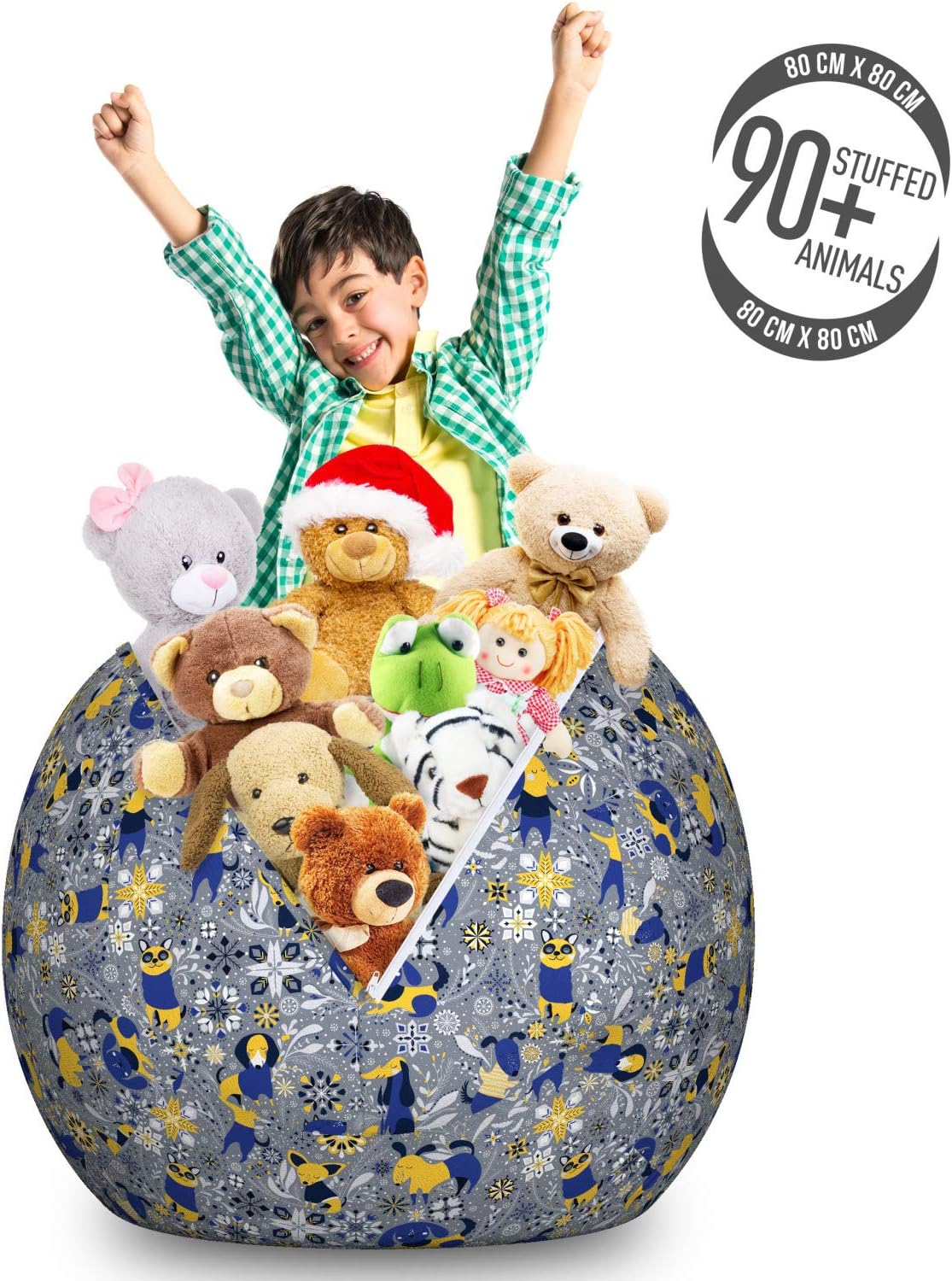 Ambesonne Dog Lover Storage Toy Bag Chair, Funny Puppy Doodle with Various Species and Chaotic Floral Ornaments, Stuffed Animal Organizer Washable Bag, Large Size, Multicolor