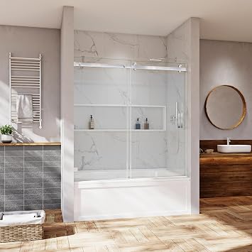 Bathtub Sliding Shower Doors 3/8" Soft Close 56"-60" Wx66 H Brushed Nickel | Frameless Tub Door, 10mm Clear SGCC Tempered Glass, Width Adjustable, Stainless Steel Hardware, Single Sliding