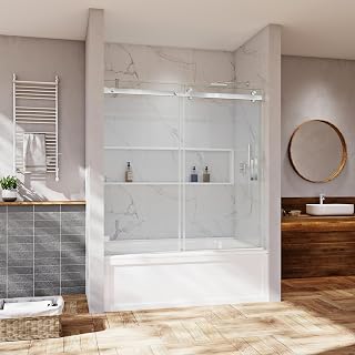FEKEWIO Bathtub Shower Sliding Doors 3/8" (10 mm) Soft Close 56"- 60" W x 66" H Width Adjustable Frameless Clear SGCC Tempered Glass Tub Door Stainless Steel Hardware (SS13 Brushed Nickel)